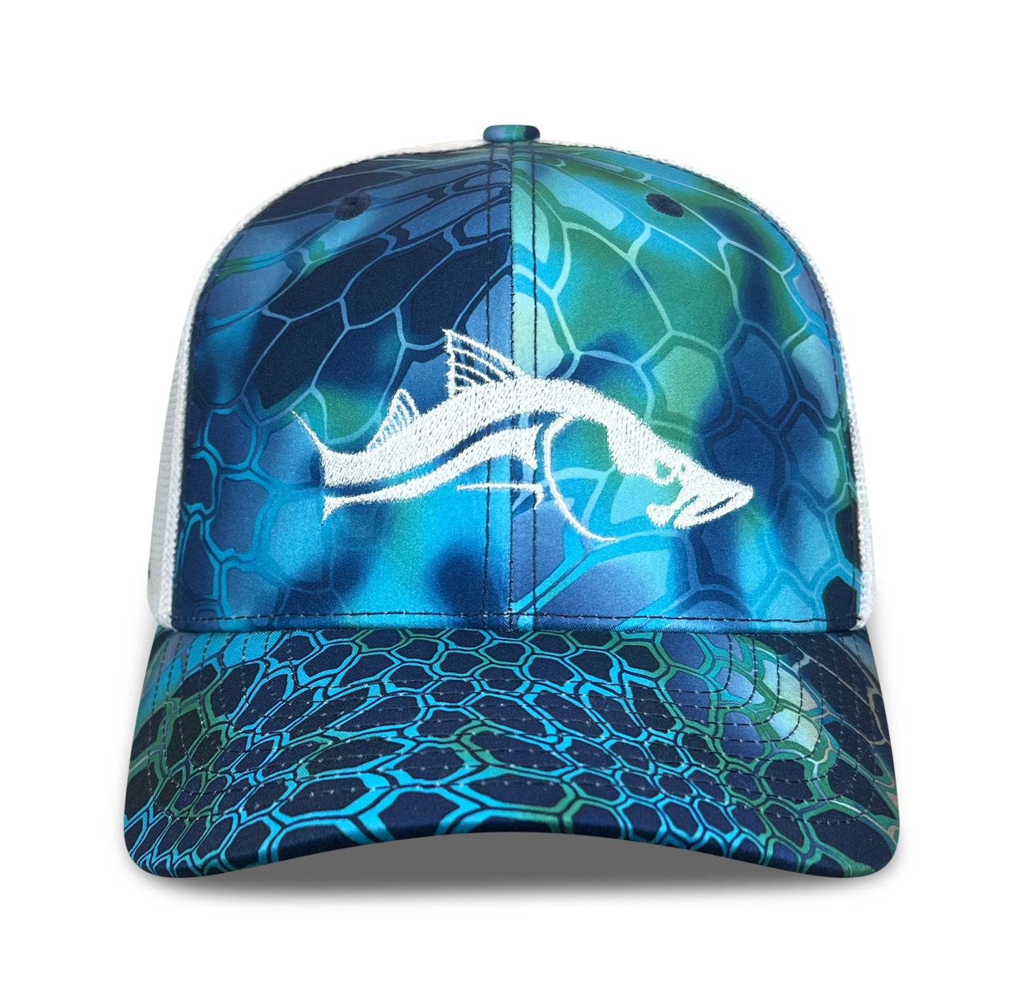 Kryptek Pontus Trucker Hats Blue/White Meshback with Snook Design/Skiff Life Text Side