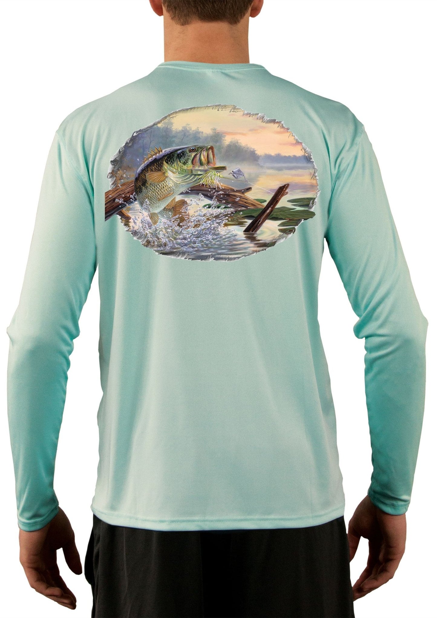 Large Mouth Bass Men's Fishing Shirts - Long Sleeve, Moisture Wicking, Non - Fade Print, 50+ UPF Fabric UV Protection - Green