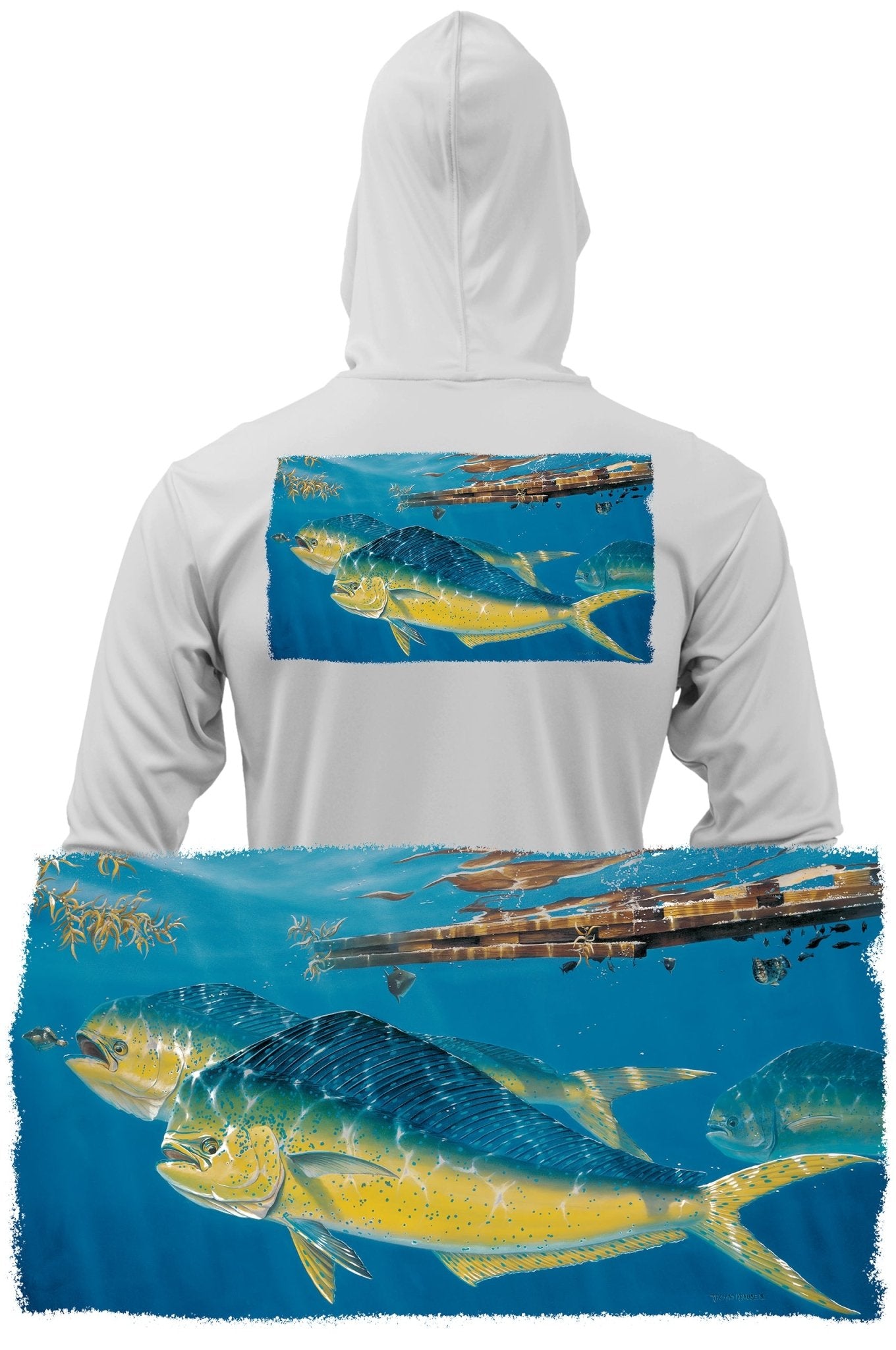 Skiff Life Mahi Mahi Dorado Dolfin Fishing Hoodies For Men Long Sleeve Moisture Wicking Rash Guard UV Sun Protection - White
