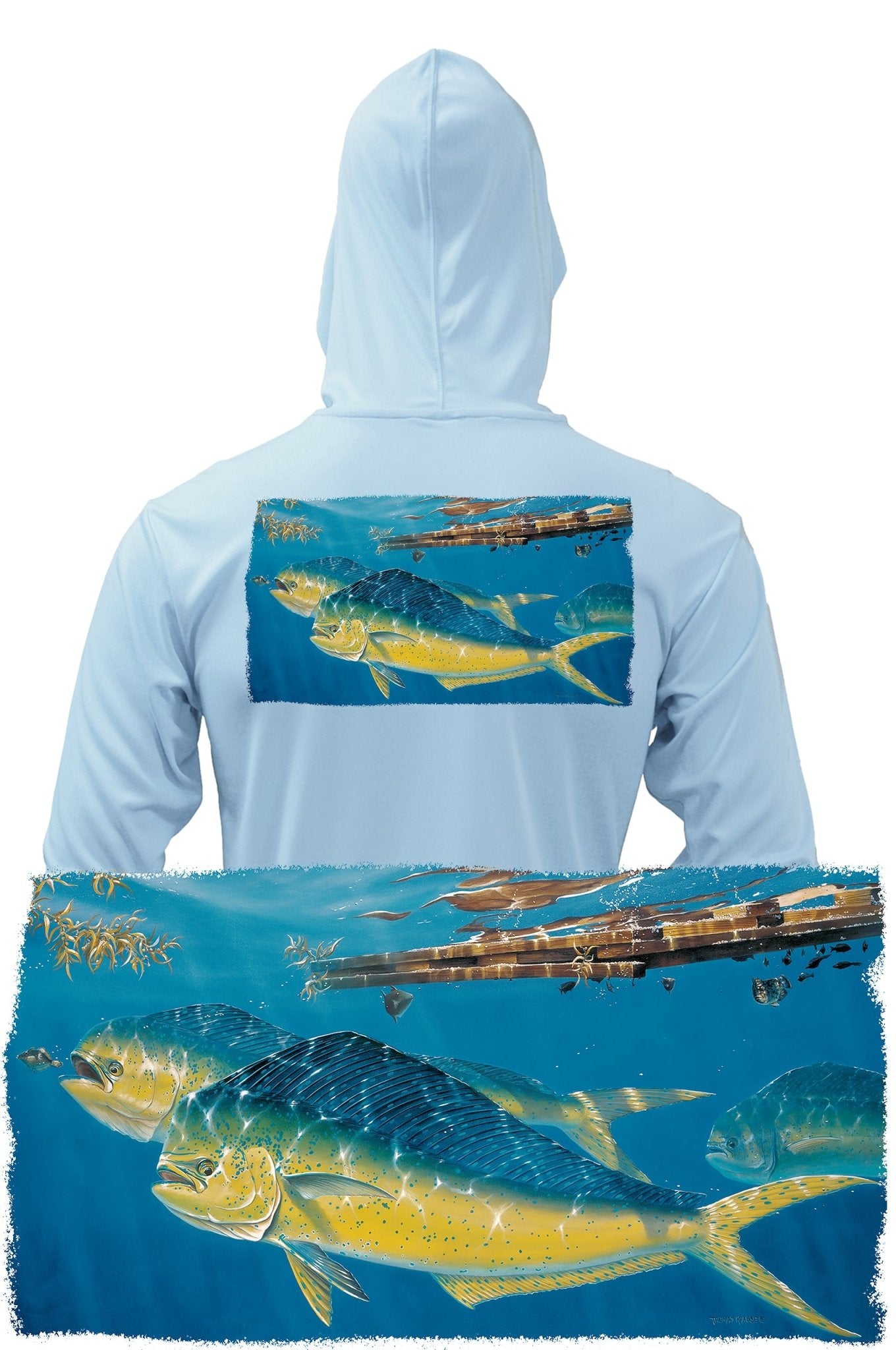 Skiff Life Mahi Mahi Dorado Dolfin Fishing Hoodies For Men Long Sleeve Moisture Wicking Rash Guard UV Sun Protection - Blue
