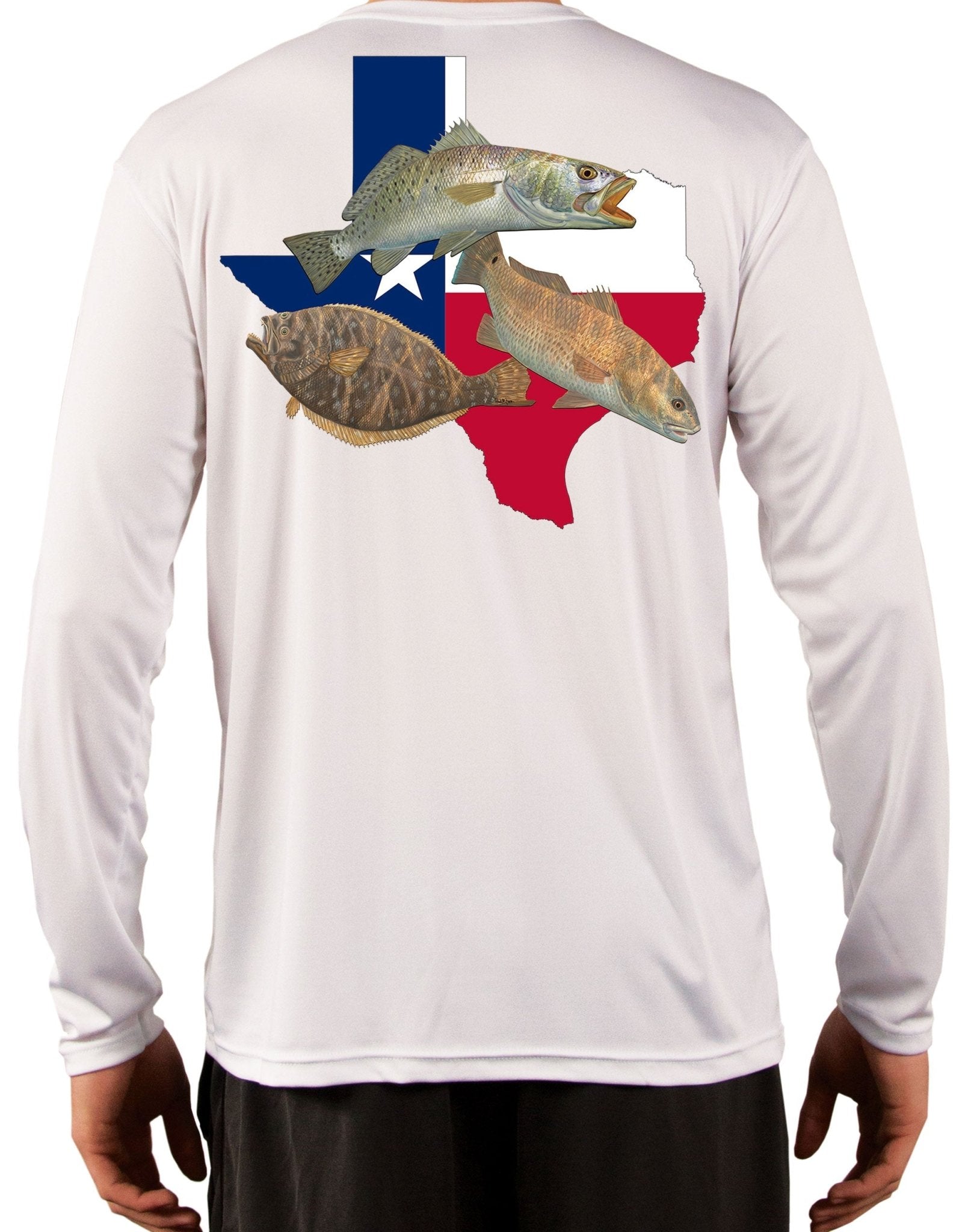 Texas Slam: Redfish Trout Flounder Long Sleeve Shirt with TX Flag