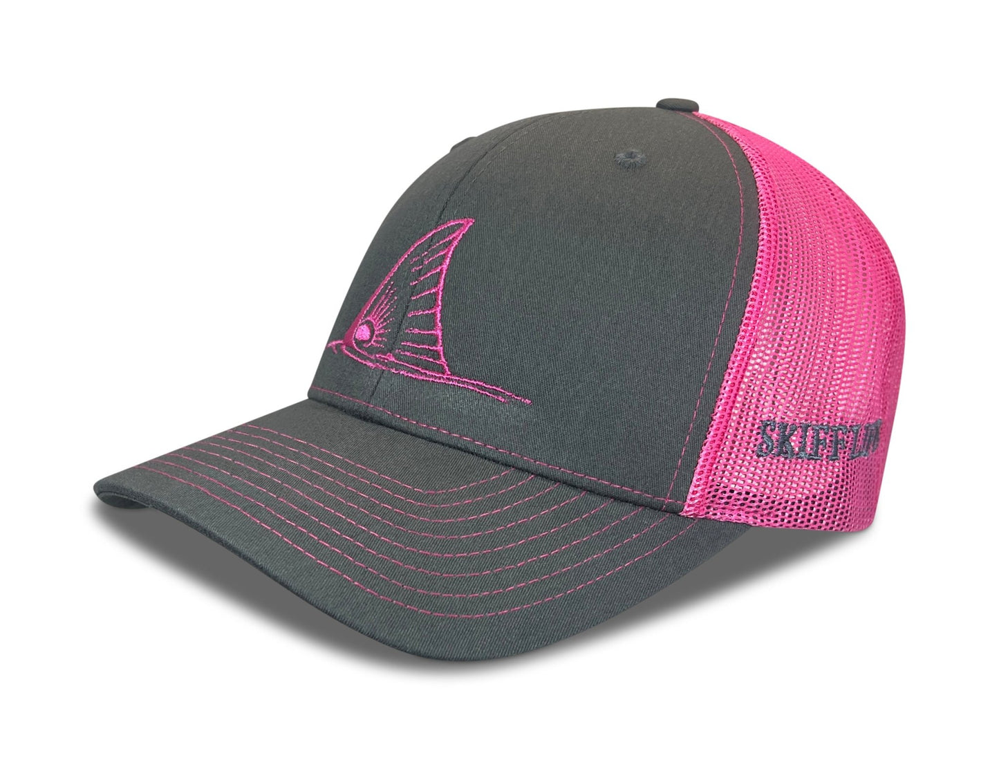 Richardson Hat Redfish Tail Charcoal Gray/Neon Pink Meshback Trucker Hat - Skiff Life