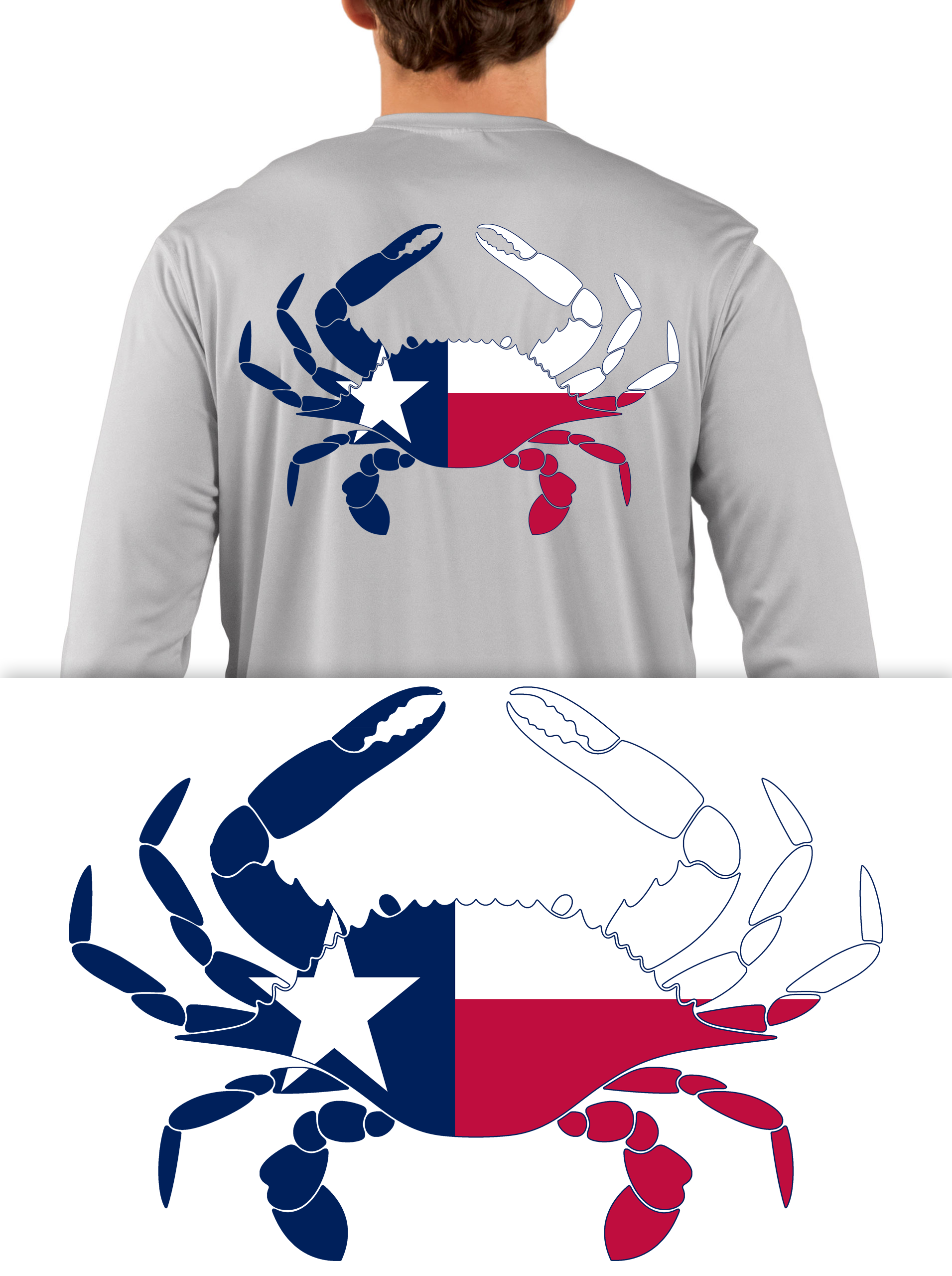 Blue Crab Shirt with Florida, Maryland, Louisiana, Virginia or Texas Outline Fishing Shirts Texas / Pearl Gray / 2XL