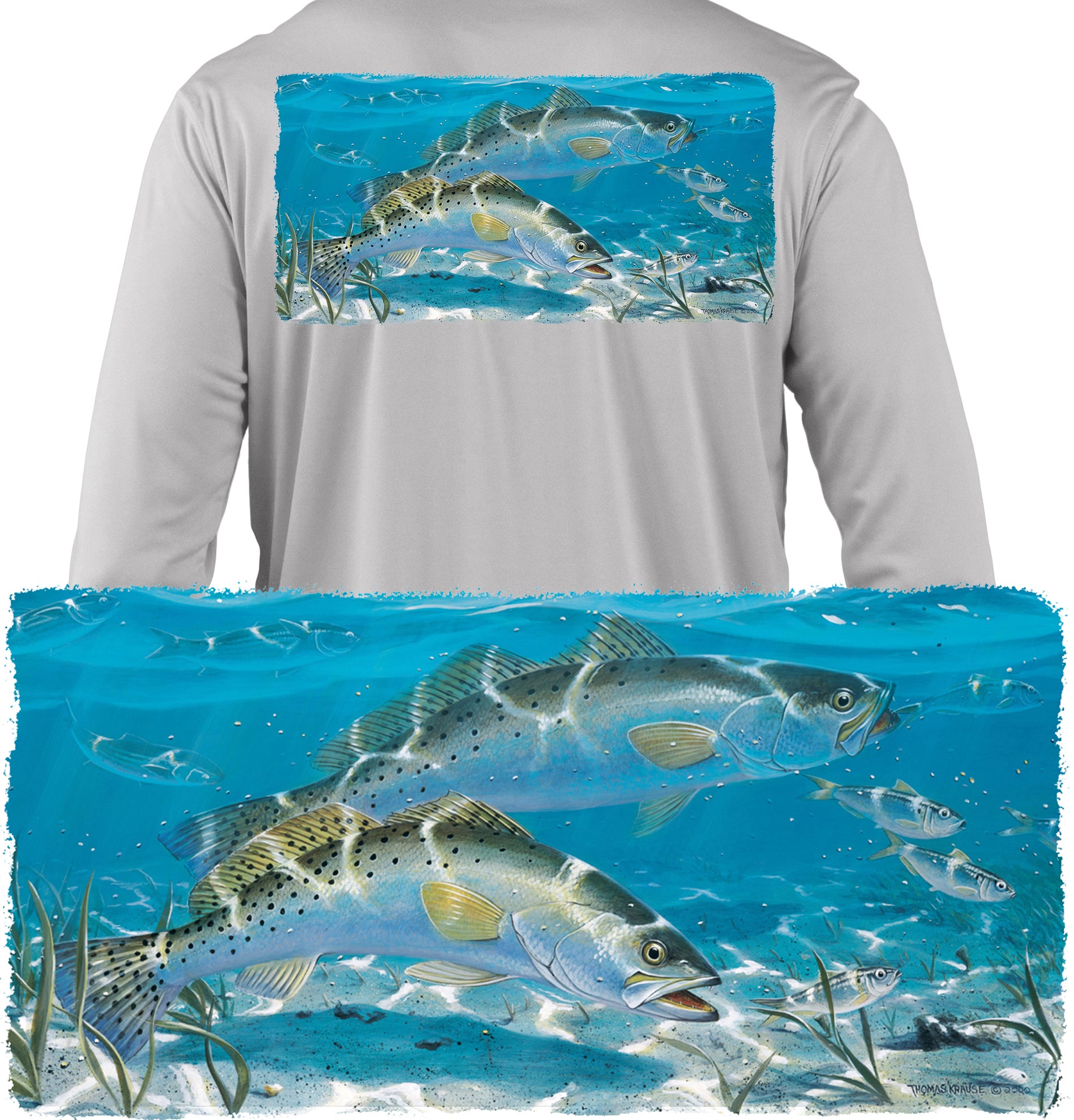 Camisas de pesca con trucha de mar manchada persiguiendo peces de cebo