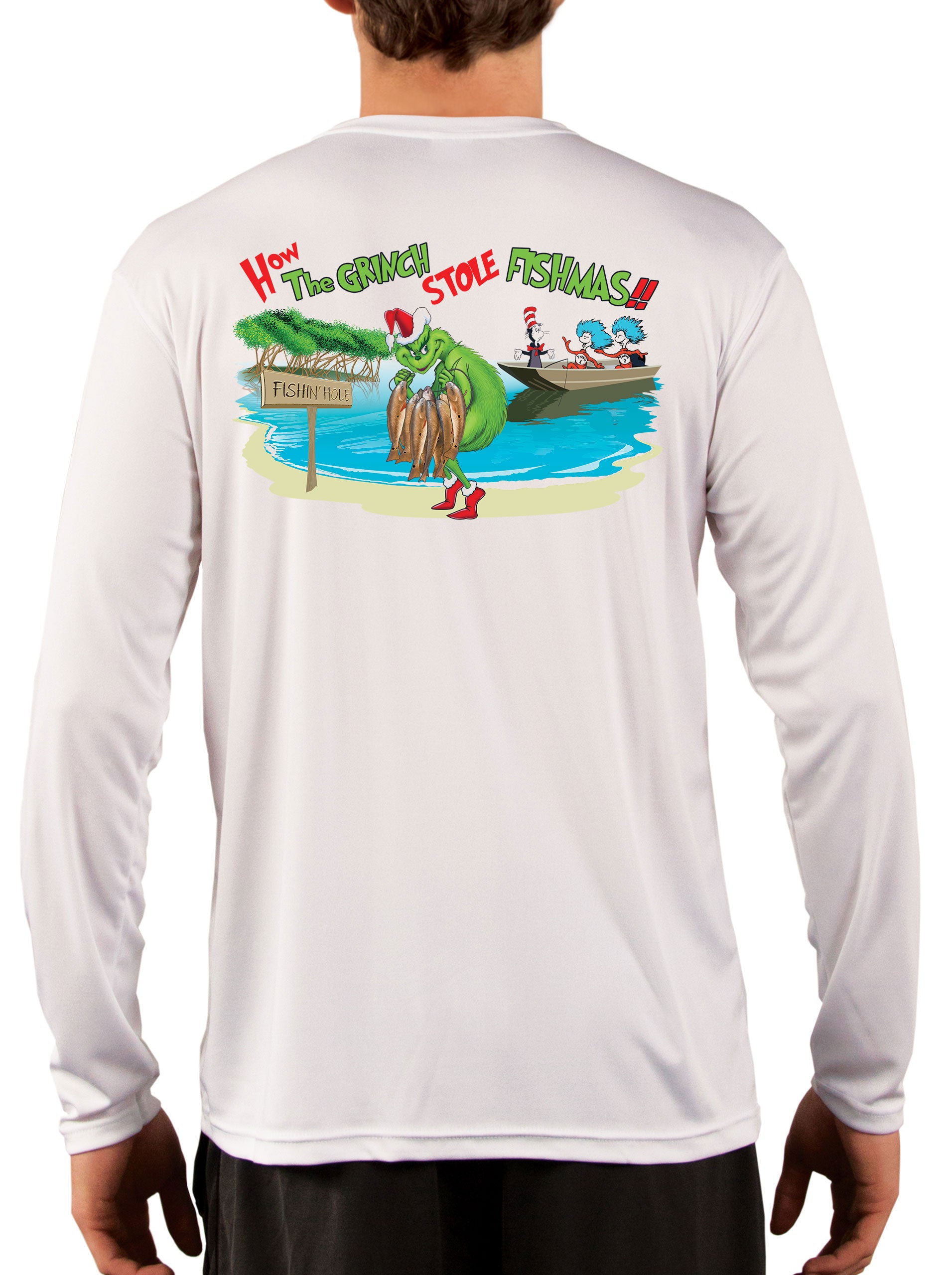 Dr. Seuss The Grinch Who Stole Christmas Fishmas Fishing Shirts by Skiff Life Small / White