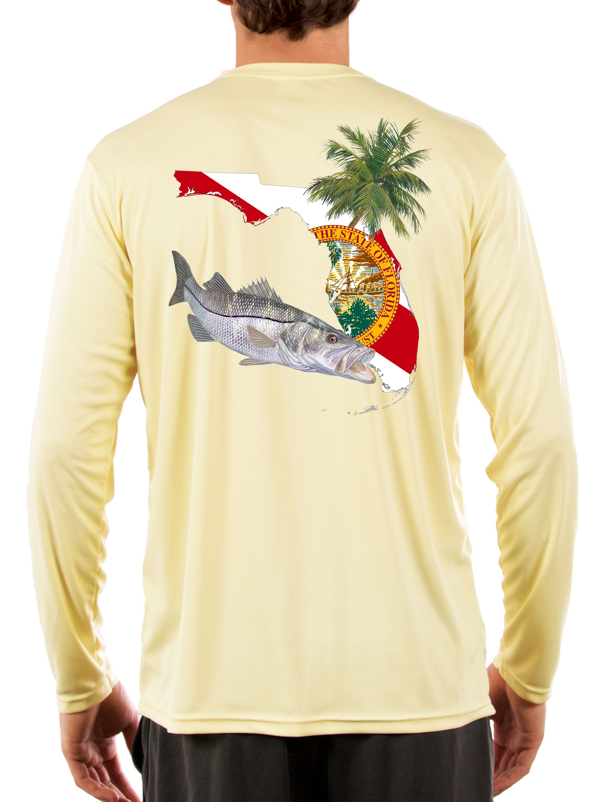 Florida Snook Long Sleeve Mens Fishing Shirt with Florida State Flag Sleeve 3XL / Yellow