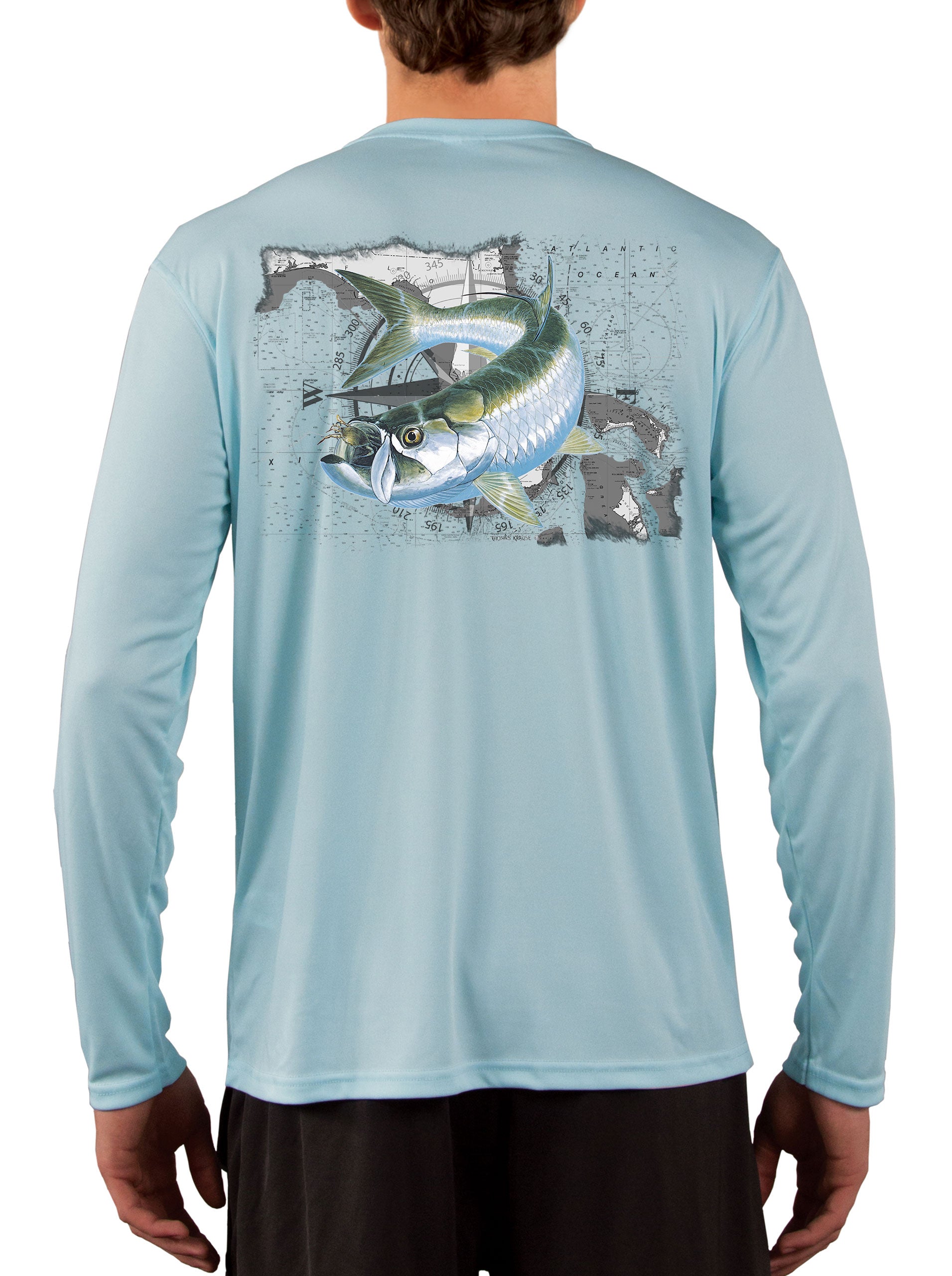 Tarpon Crab Compass Over Florida Map Long Sleeve Men's Fishing Shirt X-Large / Ice Blue