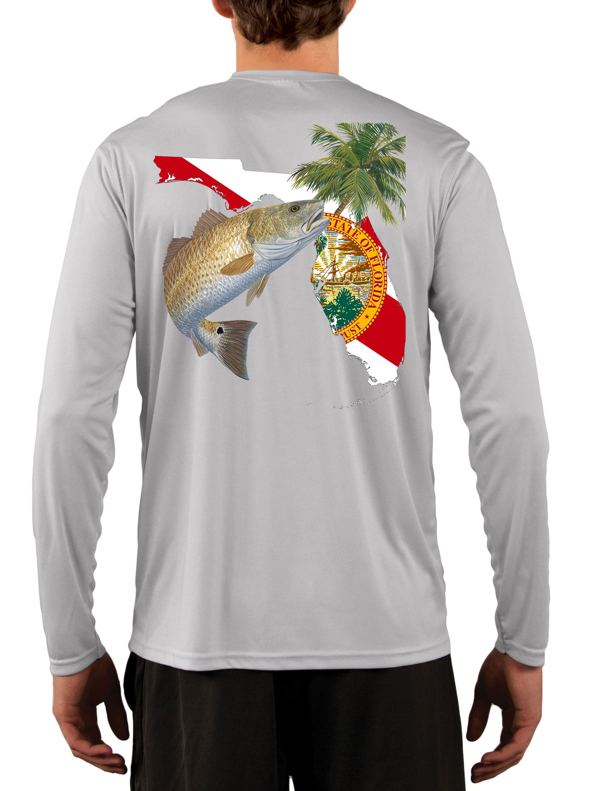 [New Artwork] Redfish Florida Fishing Shirt with Florida State Flag Sleeve Small / Pearl Gray