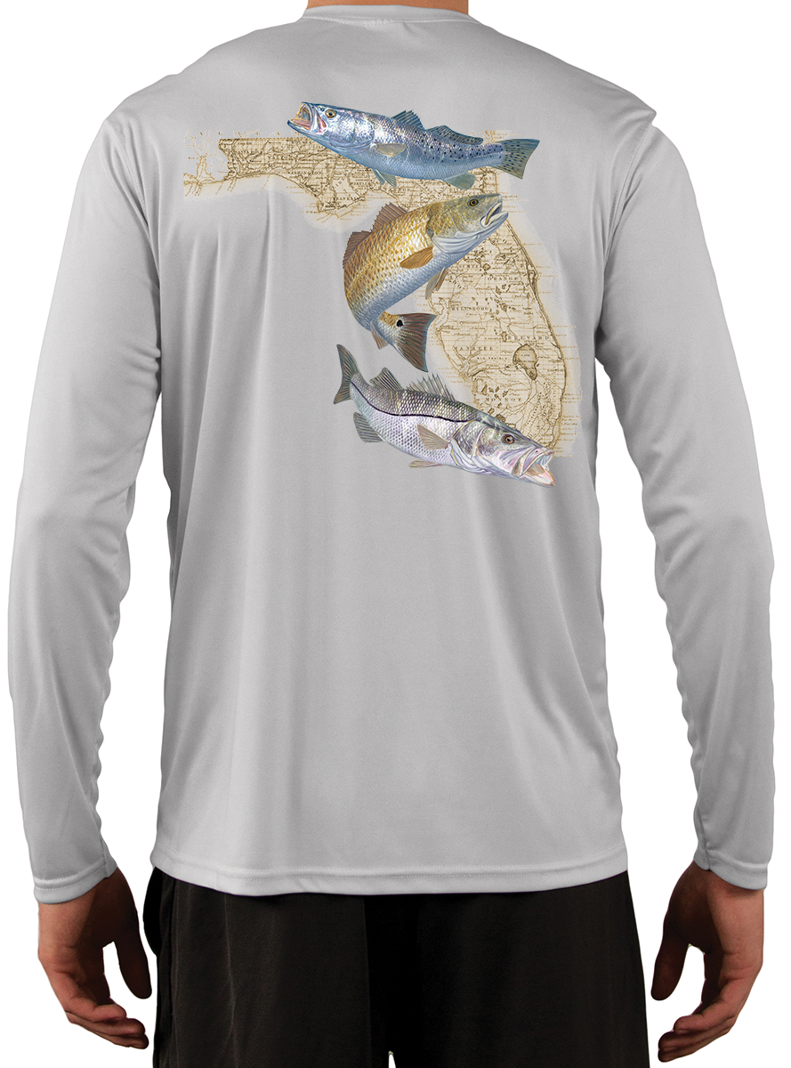 Snook, Redfish & Trout Florida Inshore Slam Men's Fishing Shirt Medium / Pearl Grey