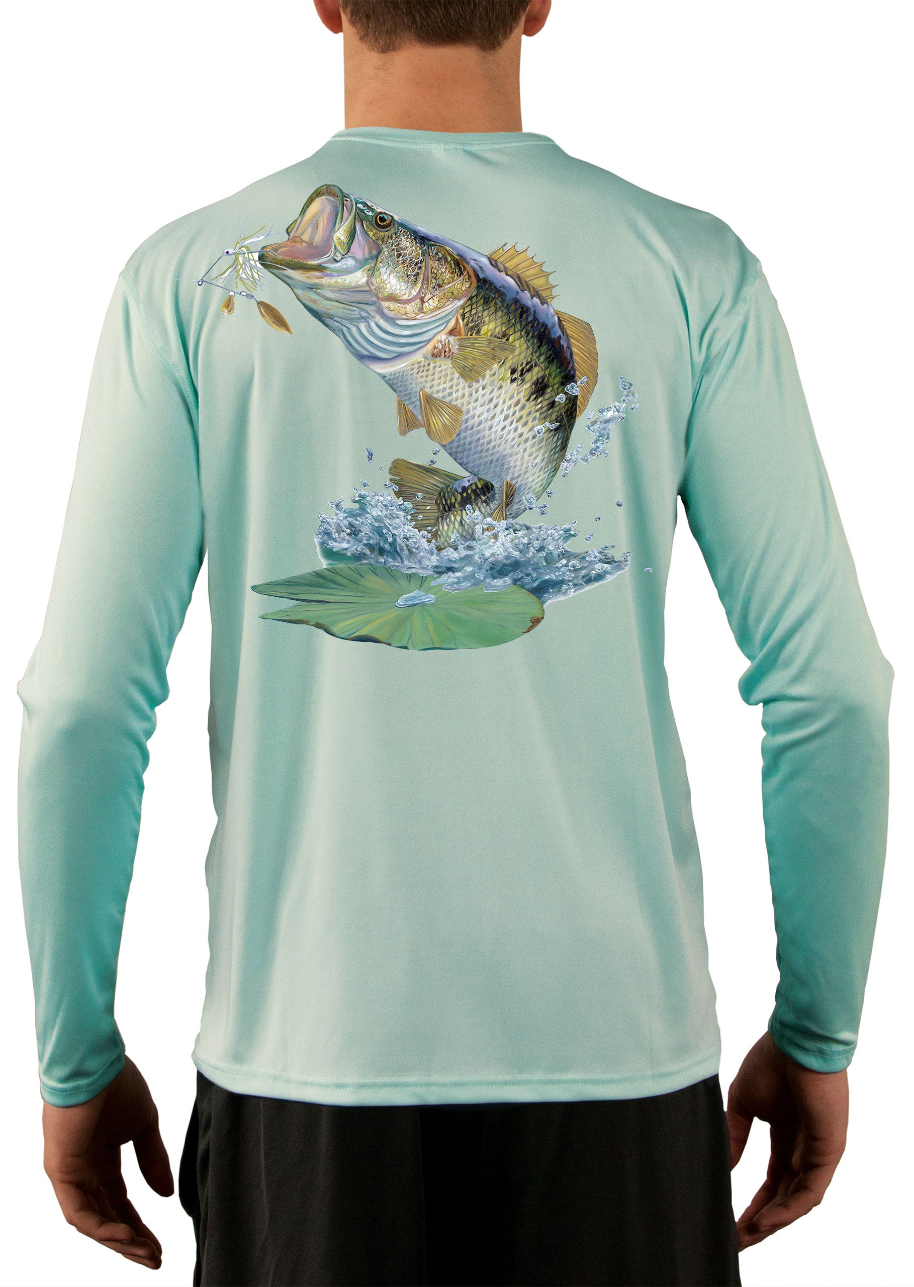 Large Mouth Bass Men's Fishing Shirt Rude Awakening Long Sleeve, Moisture Wicking Fabric, Non-fading Print, 50+ UPF Fabric for UV Protection Ice Blue