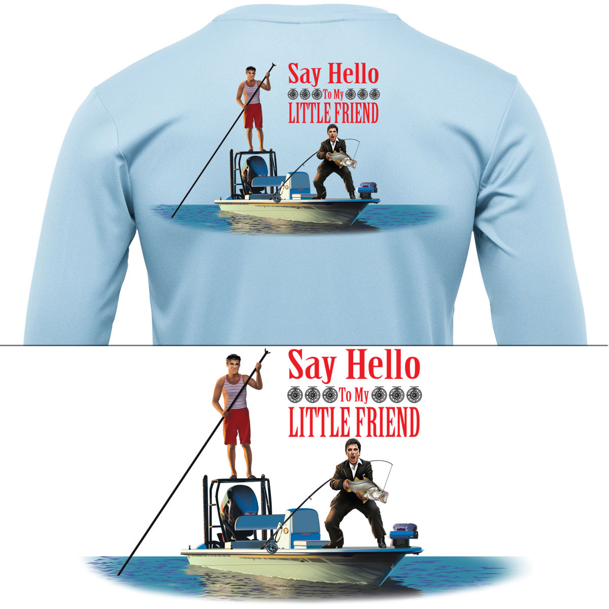 Snook Scarface Say Hello to My Little Friend Mens Fishing Shirt 3XL / Ice Blue