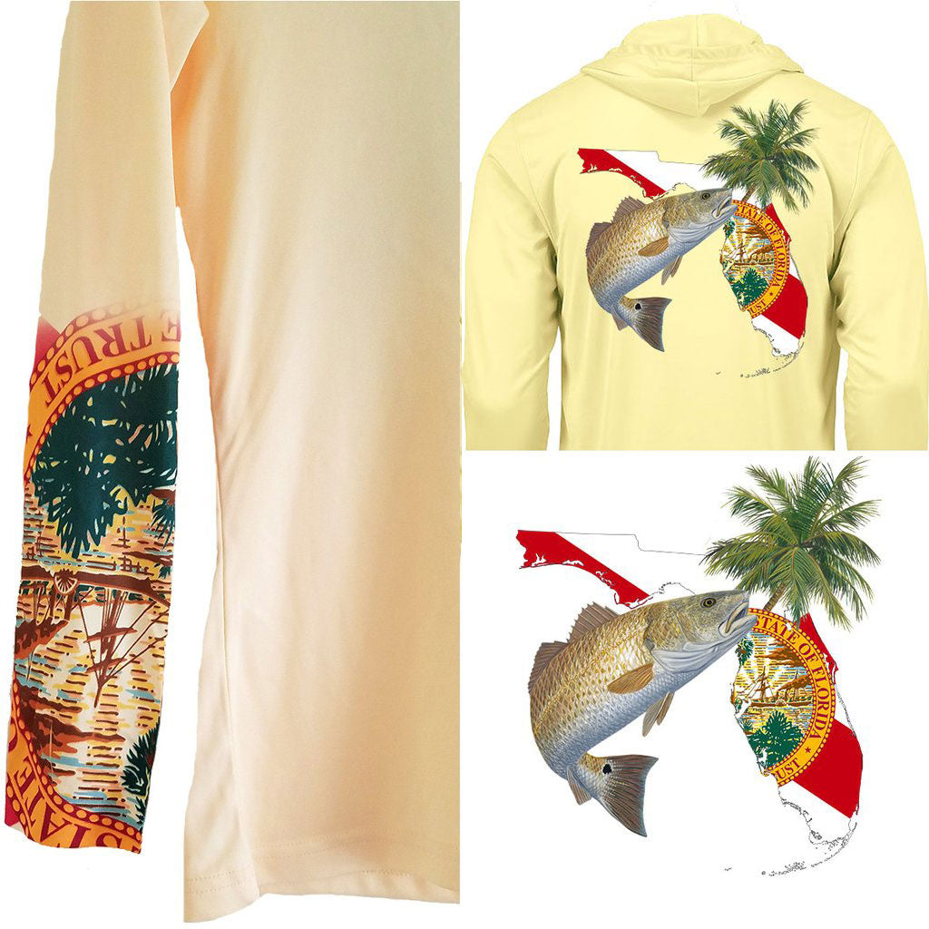 Hoodie Redfish Florida Fishing Shirt Optional Florida Flag Sleeve 3XL / Yellow