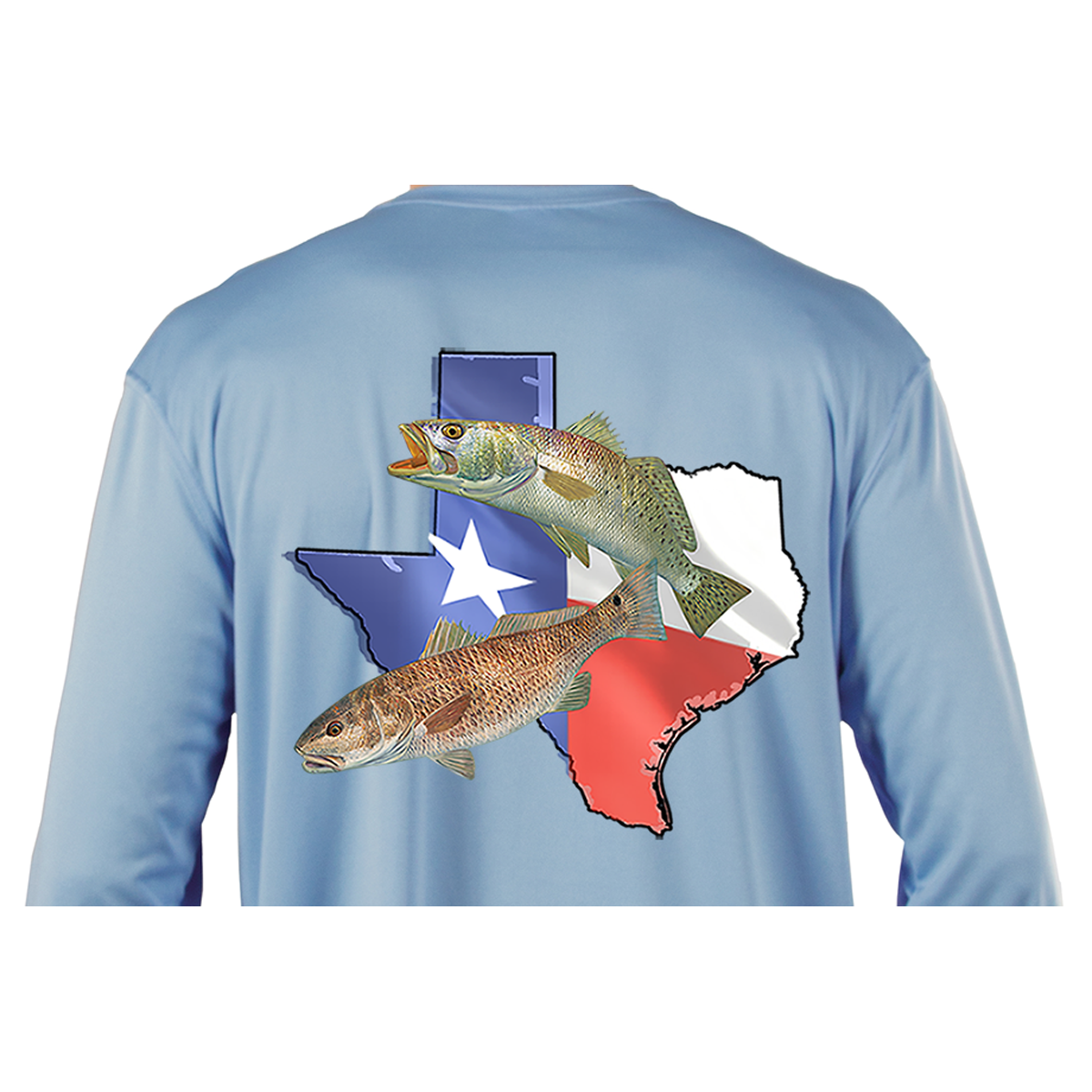 Texas Redfish & Trout Fishing Shirt with Texas State Flag Sleeve Ice Blue / 4XL