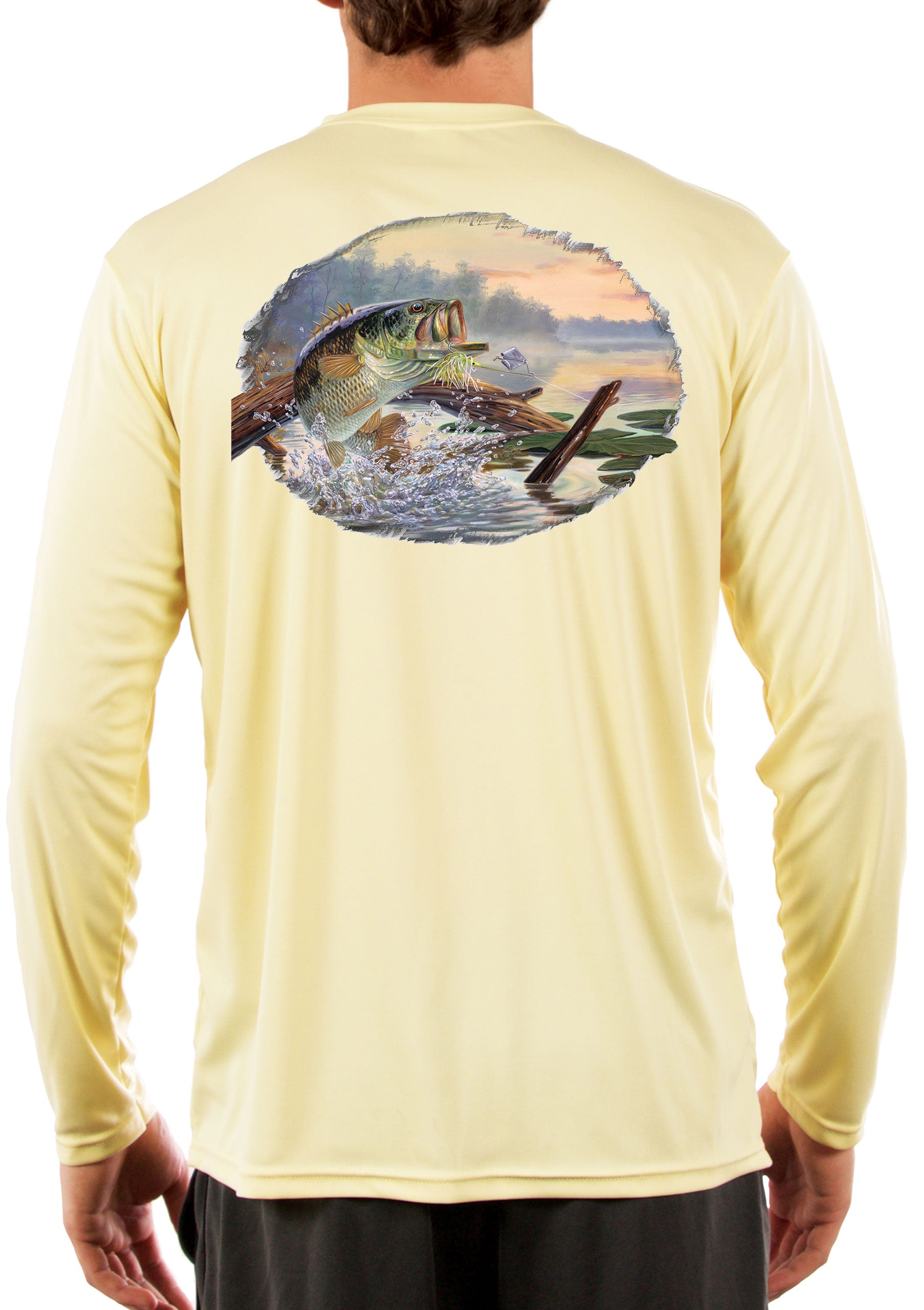Camisas de pesca para hombre con lubina de boca grande: manga larga,  absorbe la humedad, impresión que no se decolora, protección UV de tela 50+  UPF