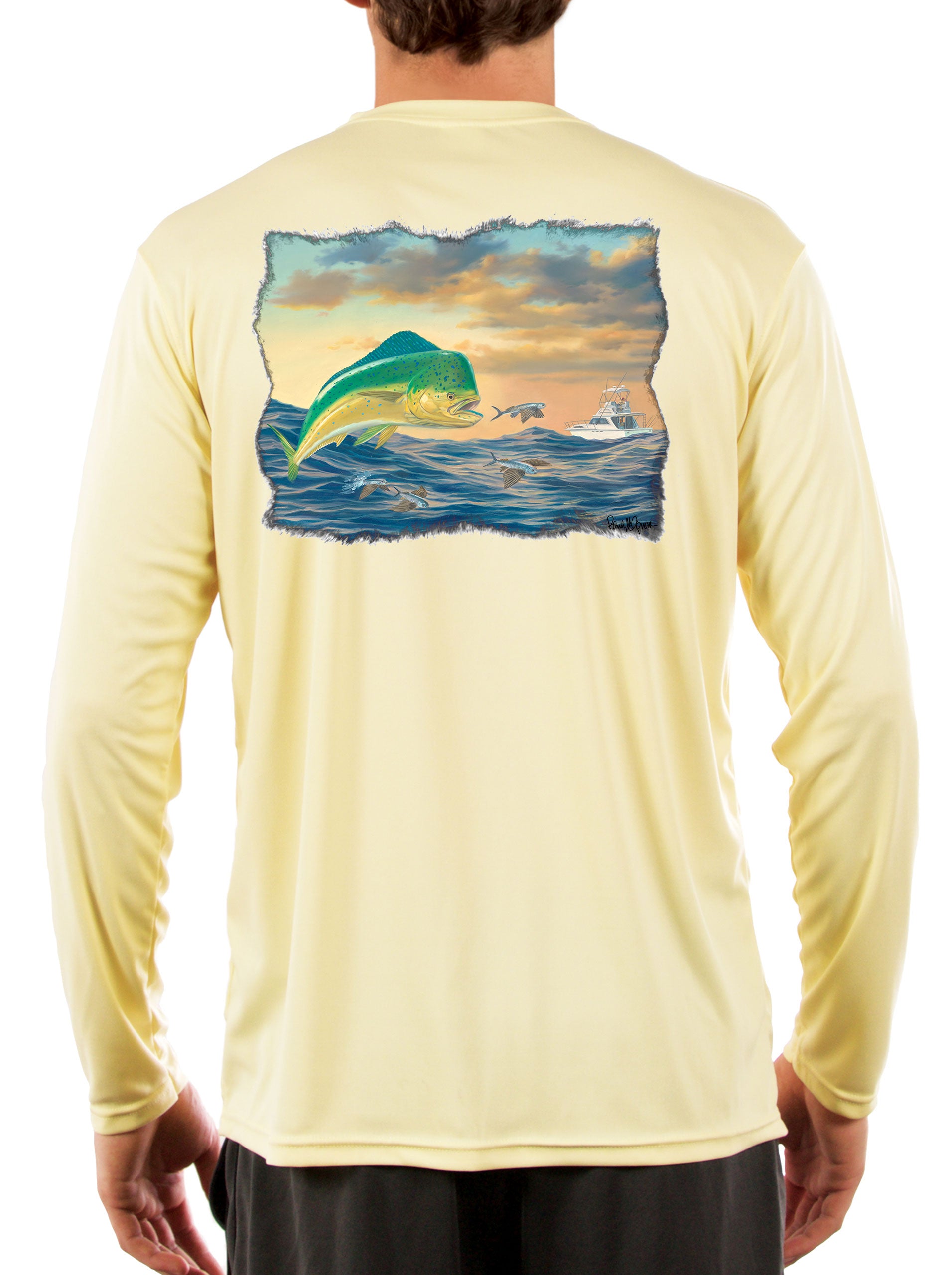 Mahi-mahi with Flying Fish Fishing Shirts for Men Featuring Dorado / Dolphinfish Art by Randy McGovern 4XL / Yellow