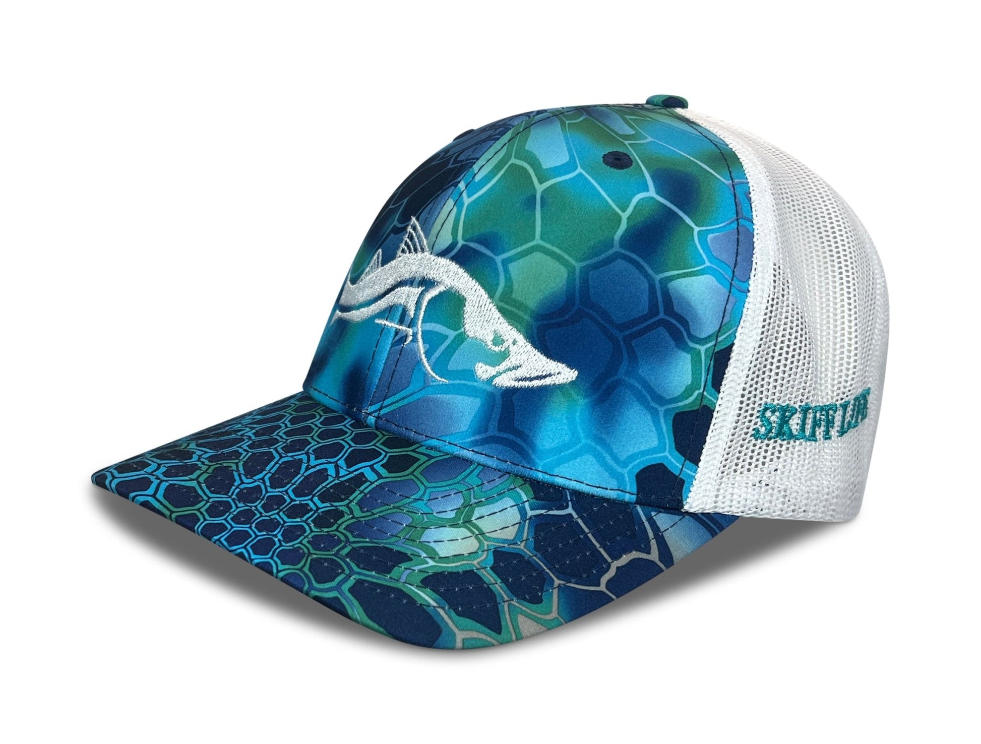 Kryptek Pontus Trucker Hats Blue/White Meshback with Snook Design/Skiff Life Text Side - Skiff Life