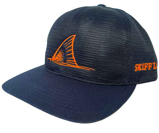 Orange Redfish Tail on Navy Meshback Trucker Hats by Skiff Life - Skiff Life