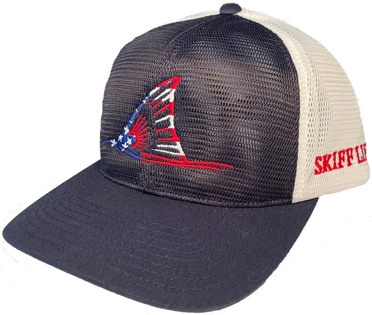 Red, White and Blue Redfish Tail on Navy and White Meshback Trucker Hats by Skiff Life - Skiff Life