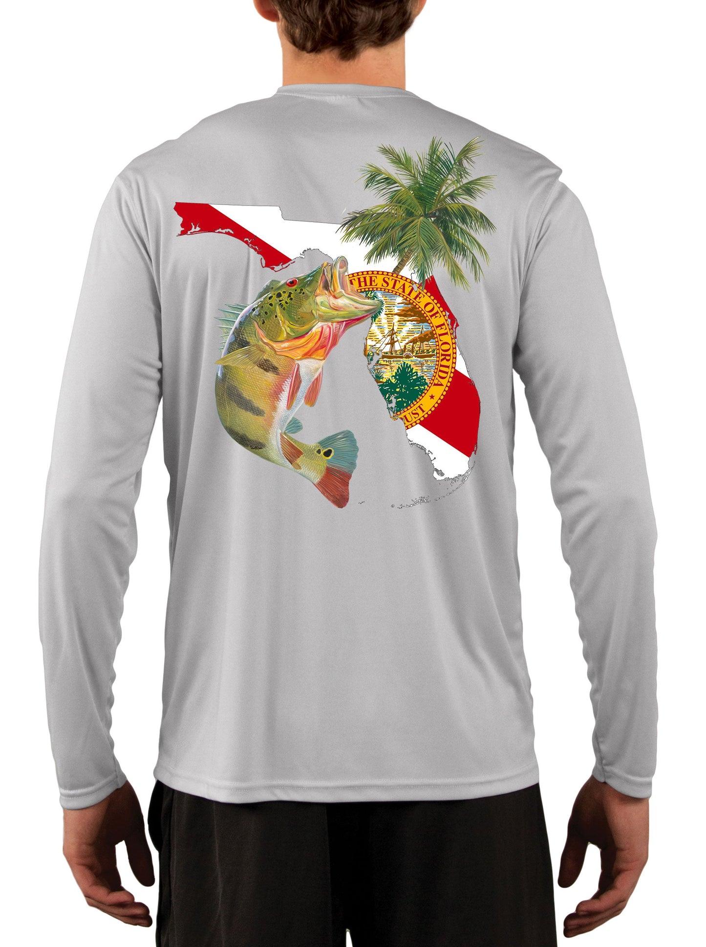 Peacock Bass Florida Fishing Shirt with FL State Flag Sleeve - Skiff Life