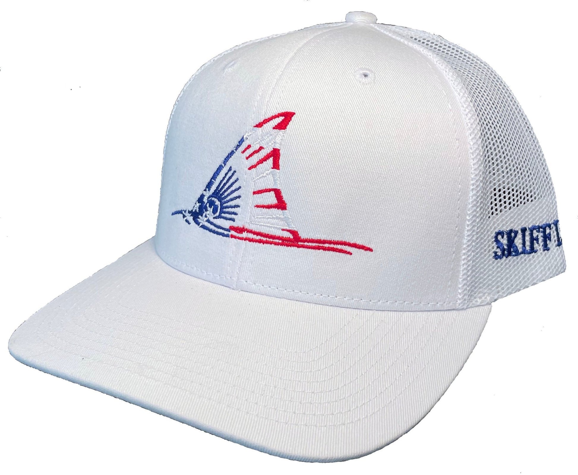 Red, White and Blue Redfish Hat Tailing Red Drum on White and White Meshback Trucker Hats by Skiff Life - Skiff Life