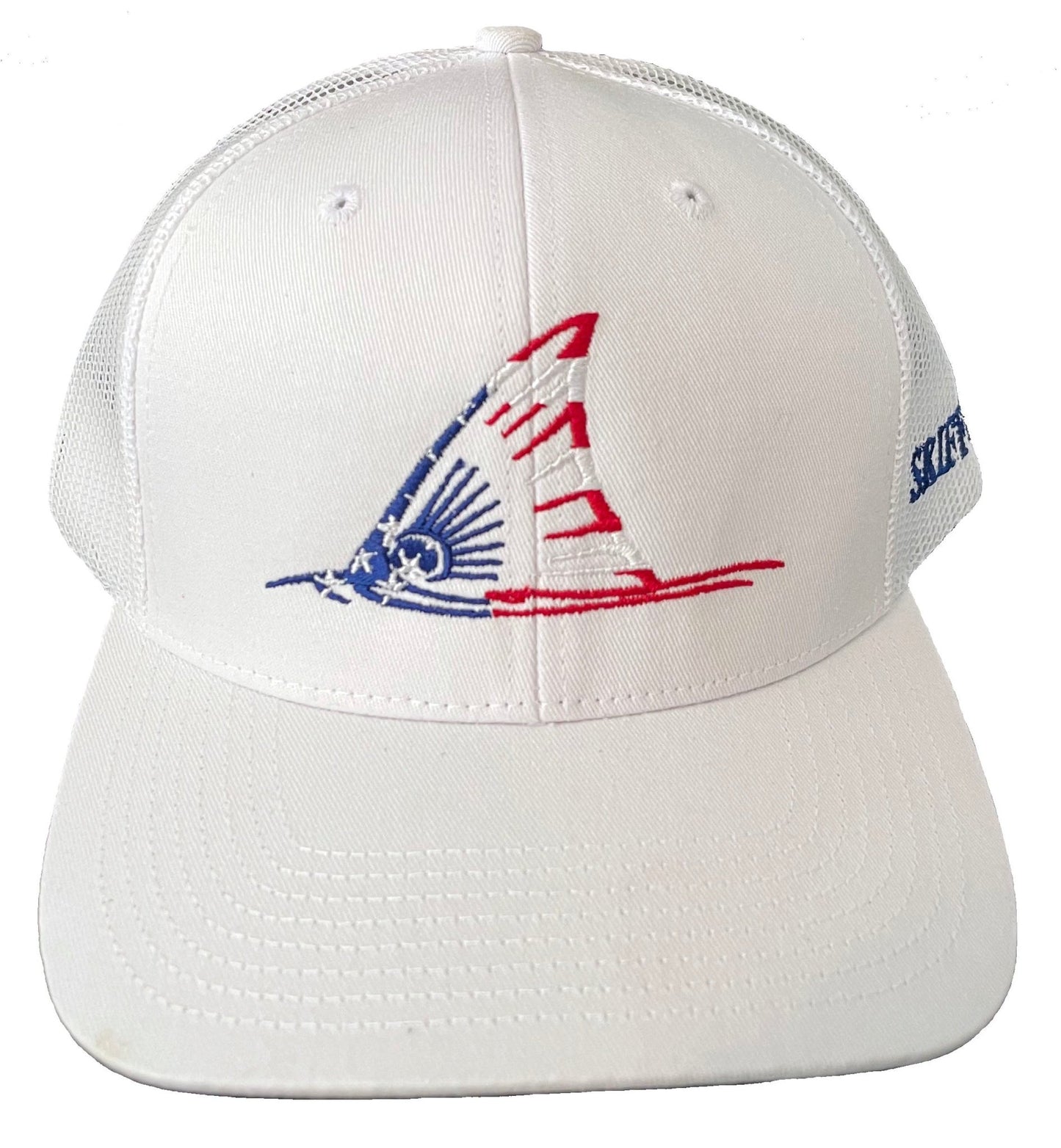 Red, White and Blue Redfish Hat Tailing Red Drum on White and White Meshback Trucker Hats by Skiff Life - Skiff Life