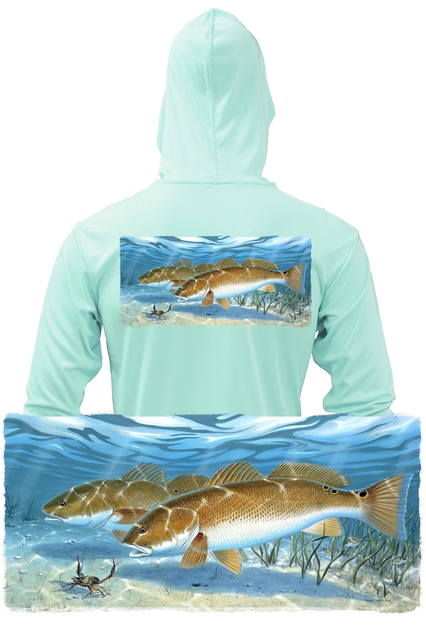 Skiff Life Redfish Blue Crab Fishing Hoodies For Men Red Drum Long Sleeve Moisture Wicking Rash Guard UV Sun Protect - Green