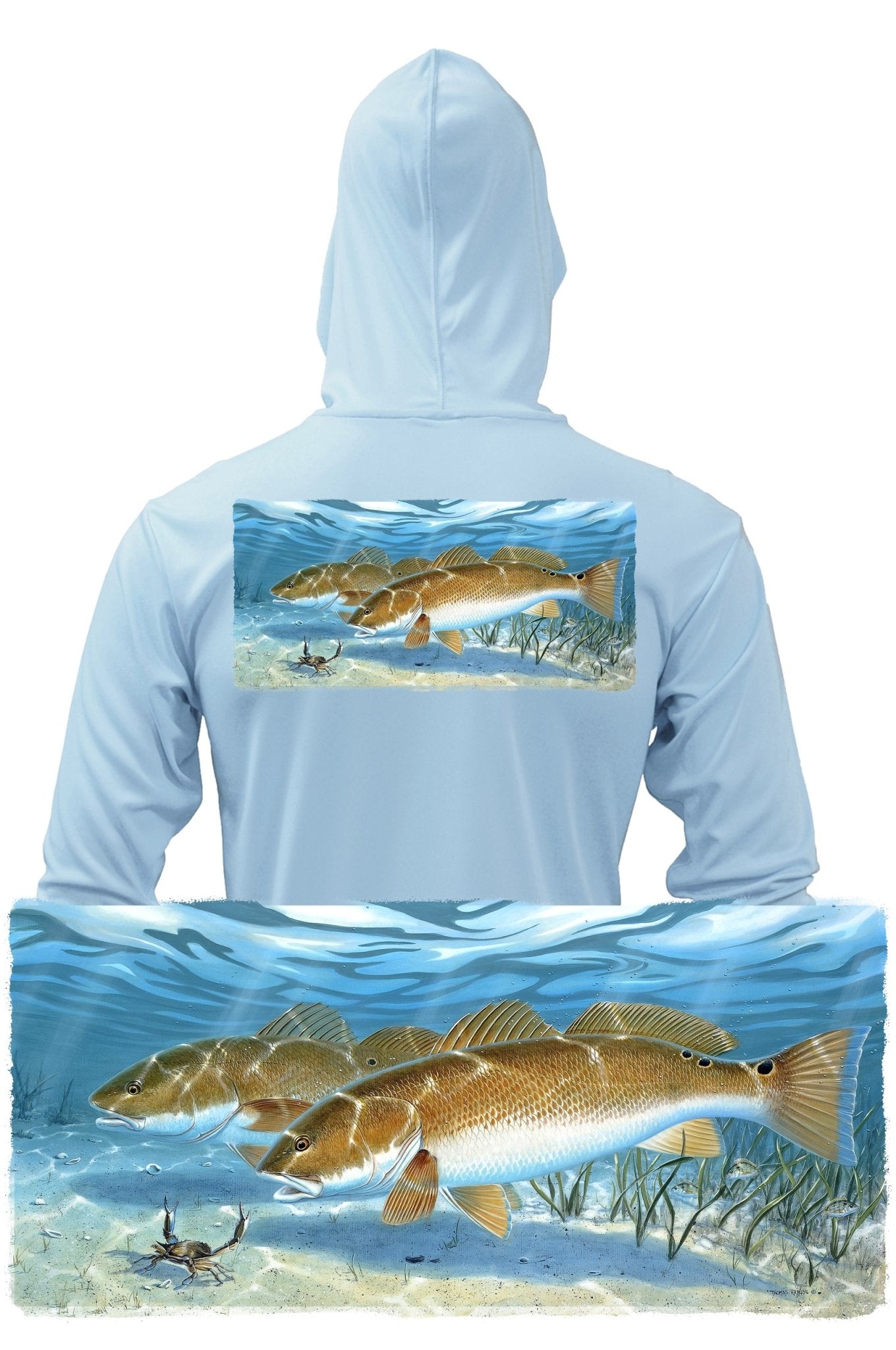 Skiff Life Redfish Blue Crab Fishing Hoodies For Men Red Drum Long Sleeve Moisture Wicking Rash Guard UV Sun Protect - Blue