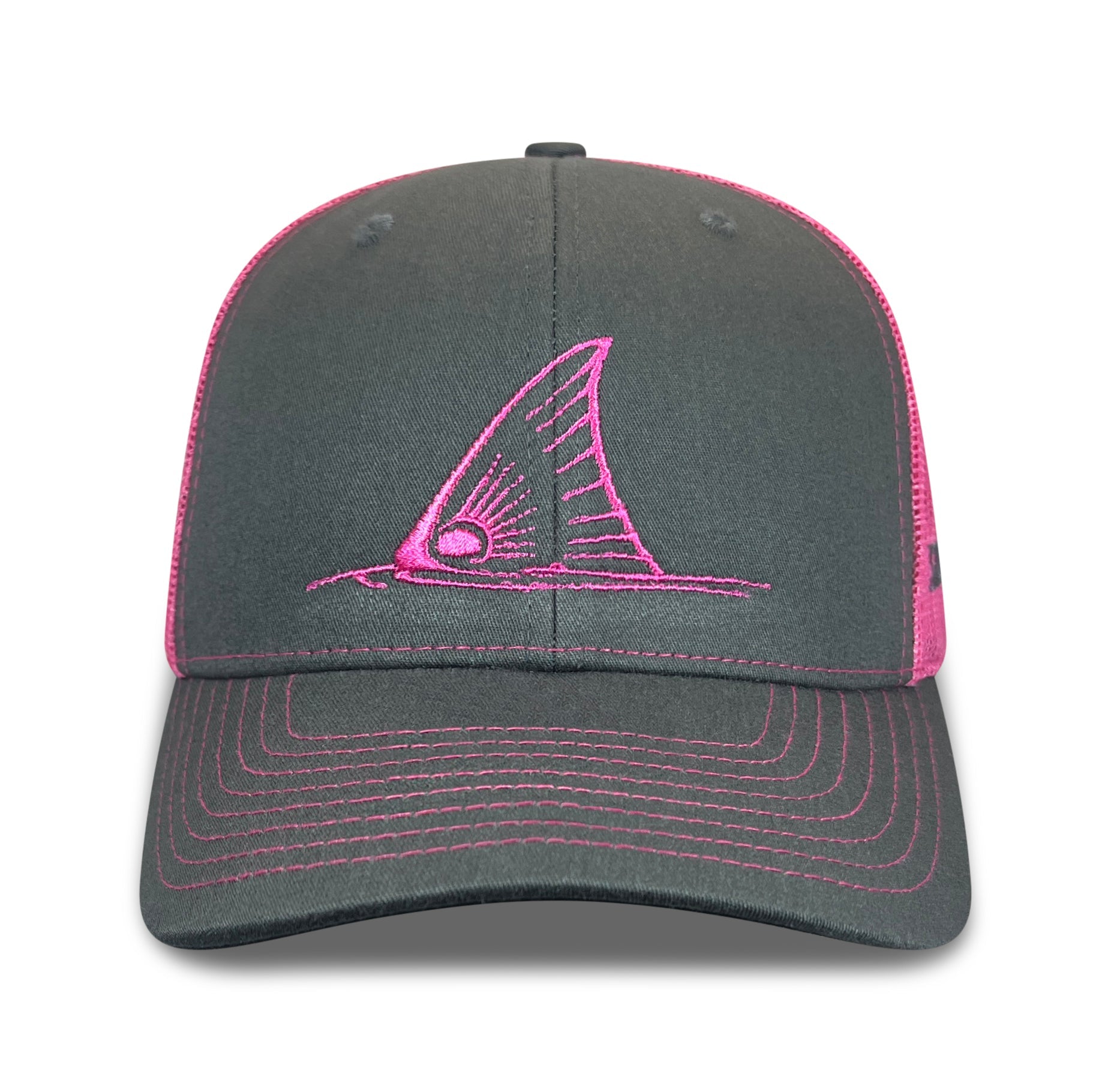 Richardson Hat Redfish Tail Charcoal Gray/Neon Pink Meshback Trucker Hat - Skiff Life