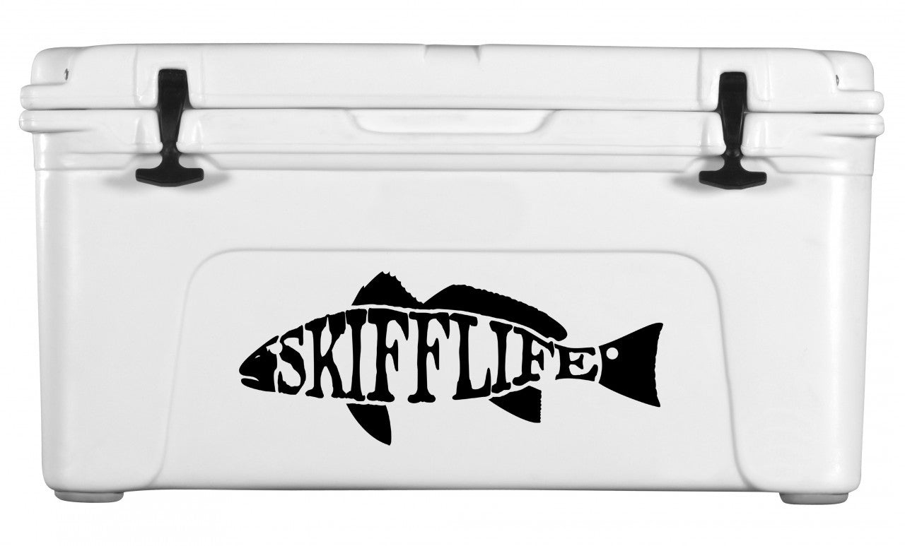 Skiff Life Text Redfish Decal UV - Protected Vinyl Red Drum Sticker for Boats, Trucks, Coolers - Skiff Life