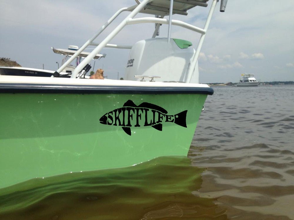 Skiff Life Text Redfish Decal UV - Protected Vinyl Red Drum Sticker for Boats, Trucks, Coolers - Skiff Life