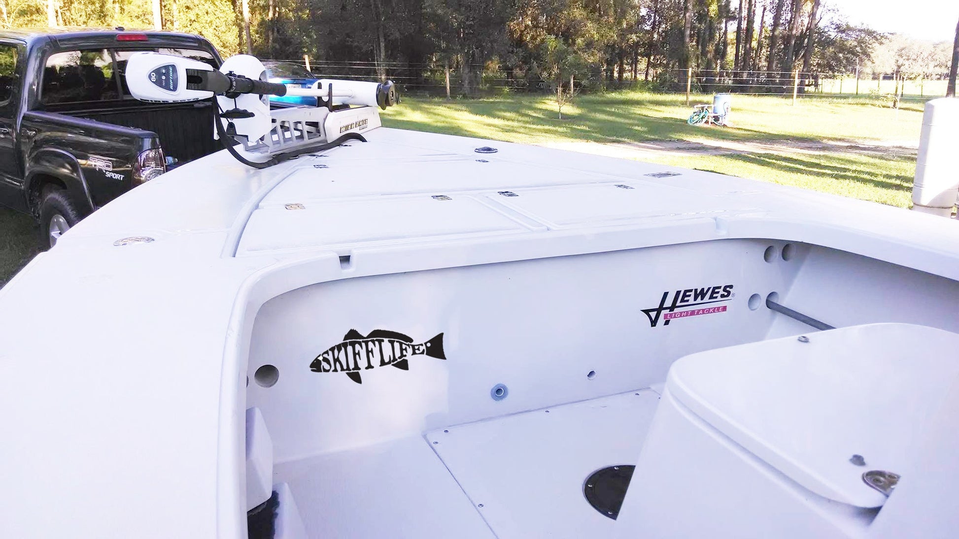 Skiff Life Text Redfish Decal UV - Protected Vinyl Red Drum Sticker for Boats, Trucks, Coolers - Skiff Life
