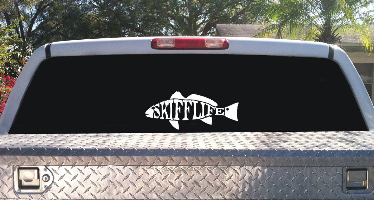 Skiff Life Text Redfish Decal UV - Protected Vinyl Red Drum Sticker for Boats, Trucks, Coolers - Skiff Life