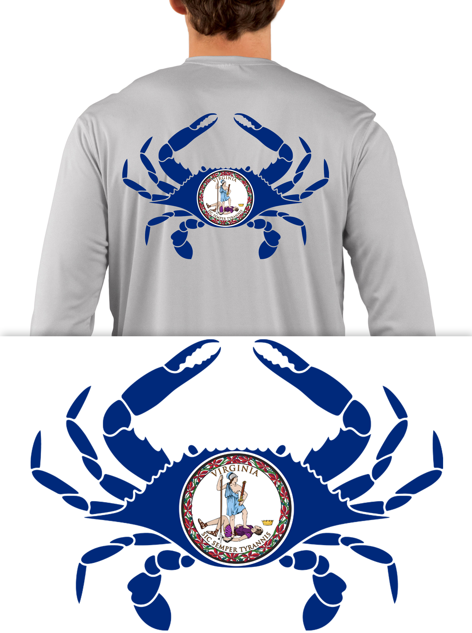 Blue Crab Shirt with Florida, Maryland, Louisiana, Virginia or Texas Outline Fishing Shirts Virginia / Pearl Gray / 2XL