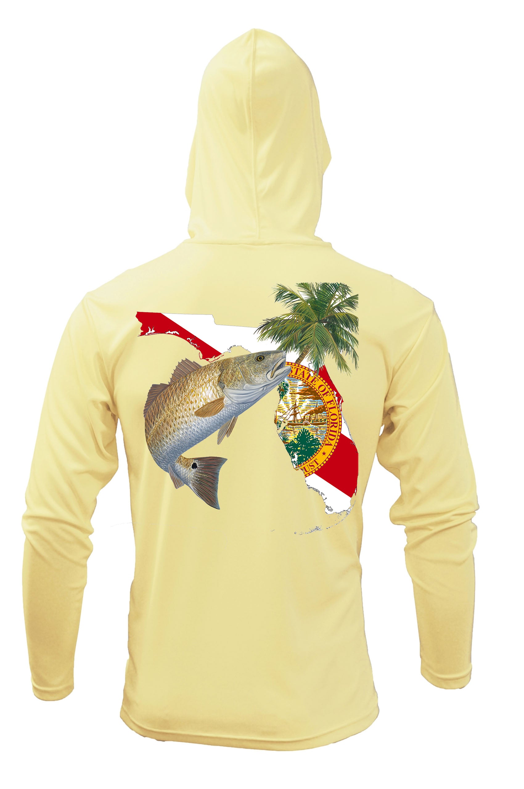 Hoodie Redfish Florida Fishing Shirt Optional Florida Flag Sleeve 3XL / Yellow