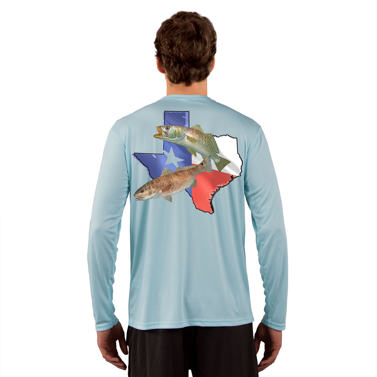 [NEW ARTWORK] Fishing Shirt Redfish Speckled Trout Texas State Flag with Texas Flag Sleeve - Skiff Life