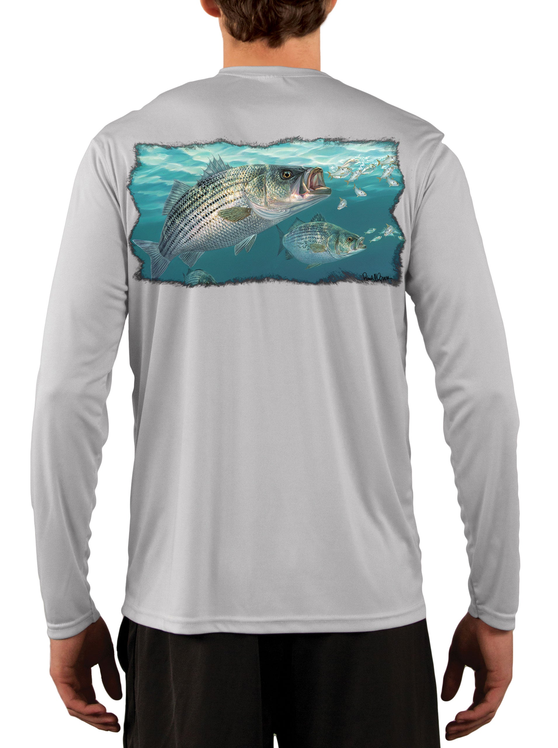 Striped Bass Fishing Shirts with Baitfish by Artist Randy McGovern Pearl Gray / 3XL