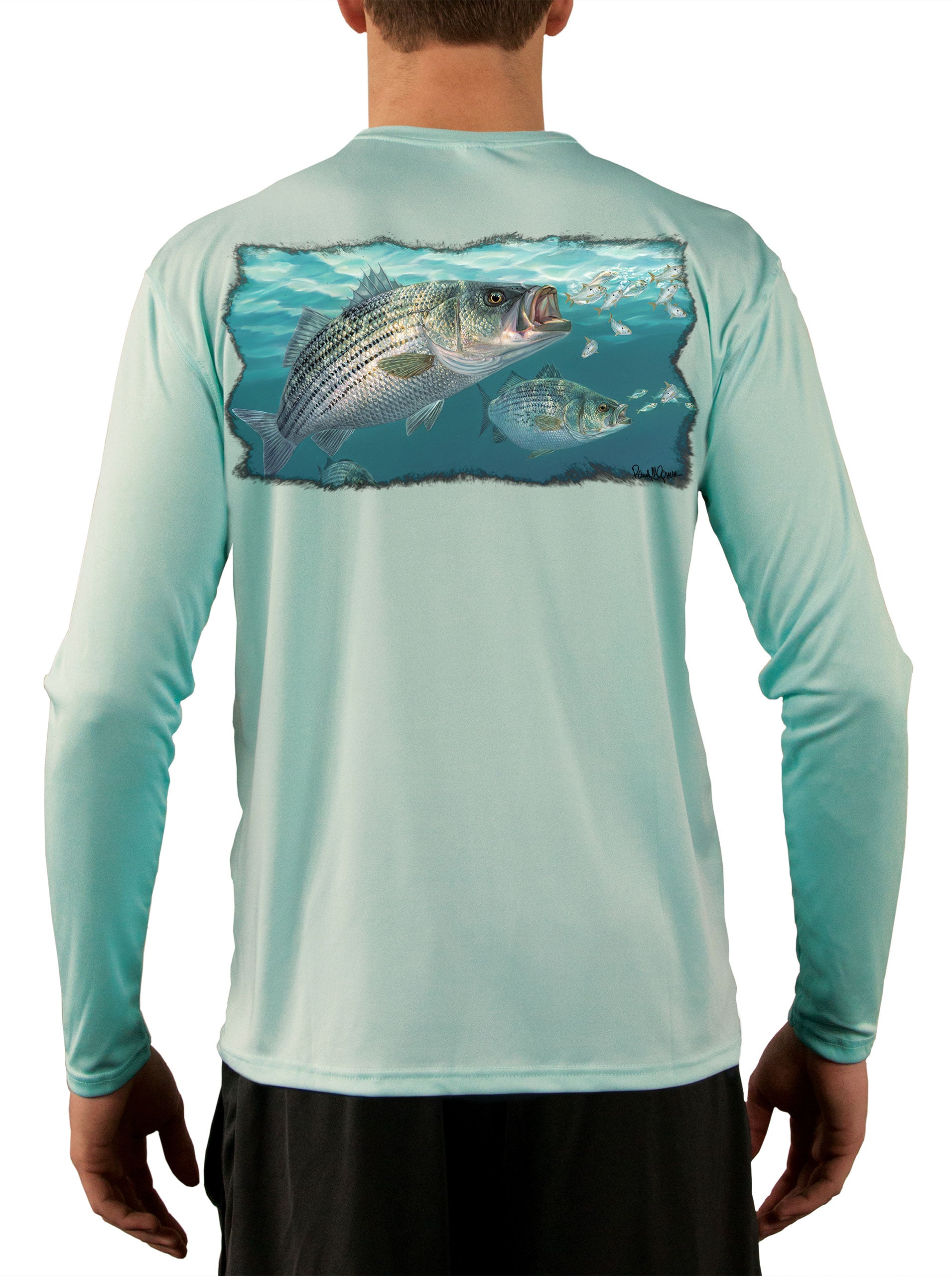 Striped Bass Fishing Shirts with Baitfish by Artist Randy McGovern - Skiff Life