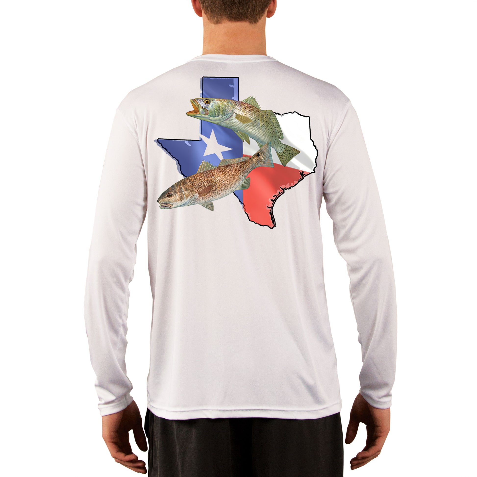 [New Artwork] Fishing Shirt Redfish Speckled Trout Texas State Flag with Texas Flag Sleeve Extra Large / Yellow