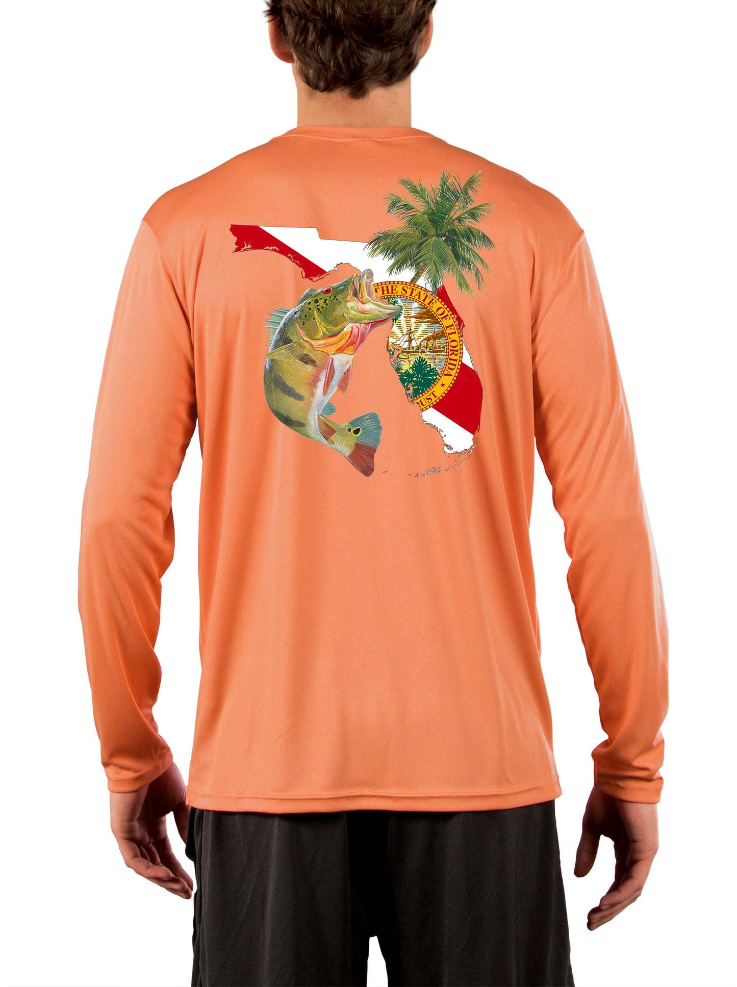 [New Artwork] Peacock Bass Florida Map Fishing Shirts for Men with Florida State Flag Sleeve Small / Citrus