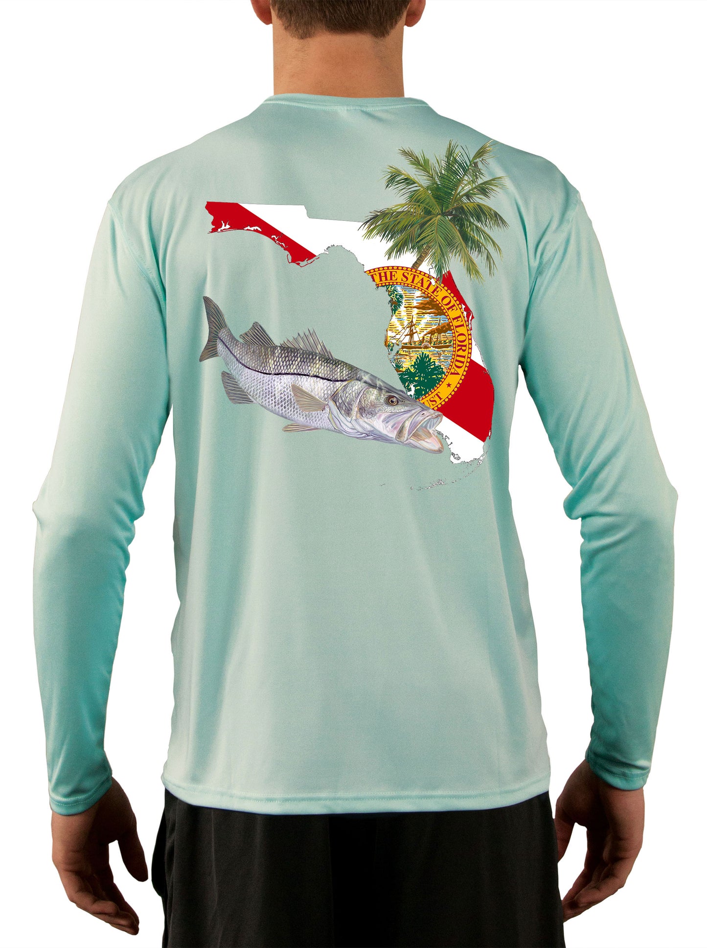 Florida Snook Long Sleeve Mens Fishing Shirt with Florida State Flag Sleeve Medium / Yellow