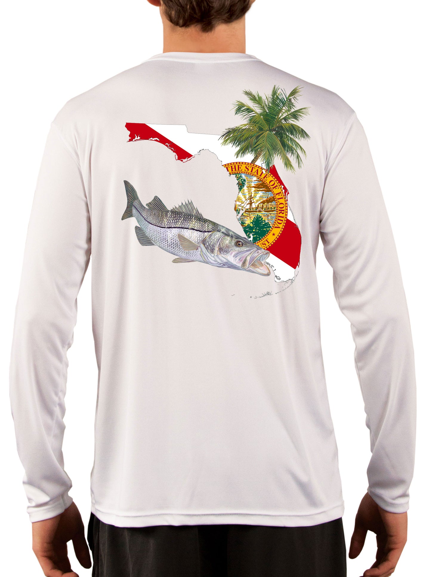 Florida Snook Long Sleeve Mens Fishing Shirt with Florida State Flag Sleeve 3XL / White