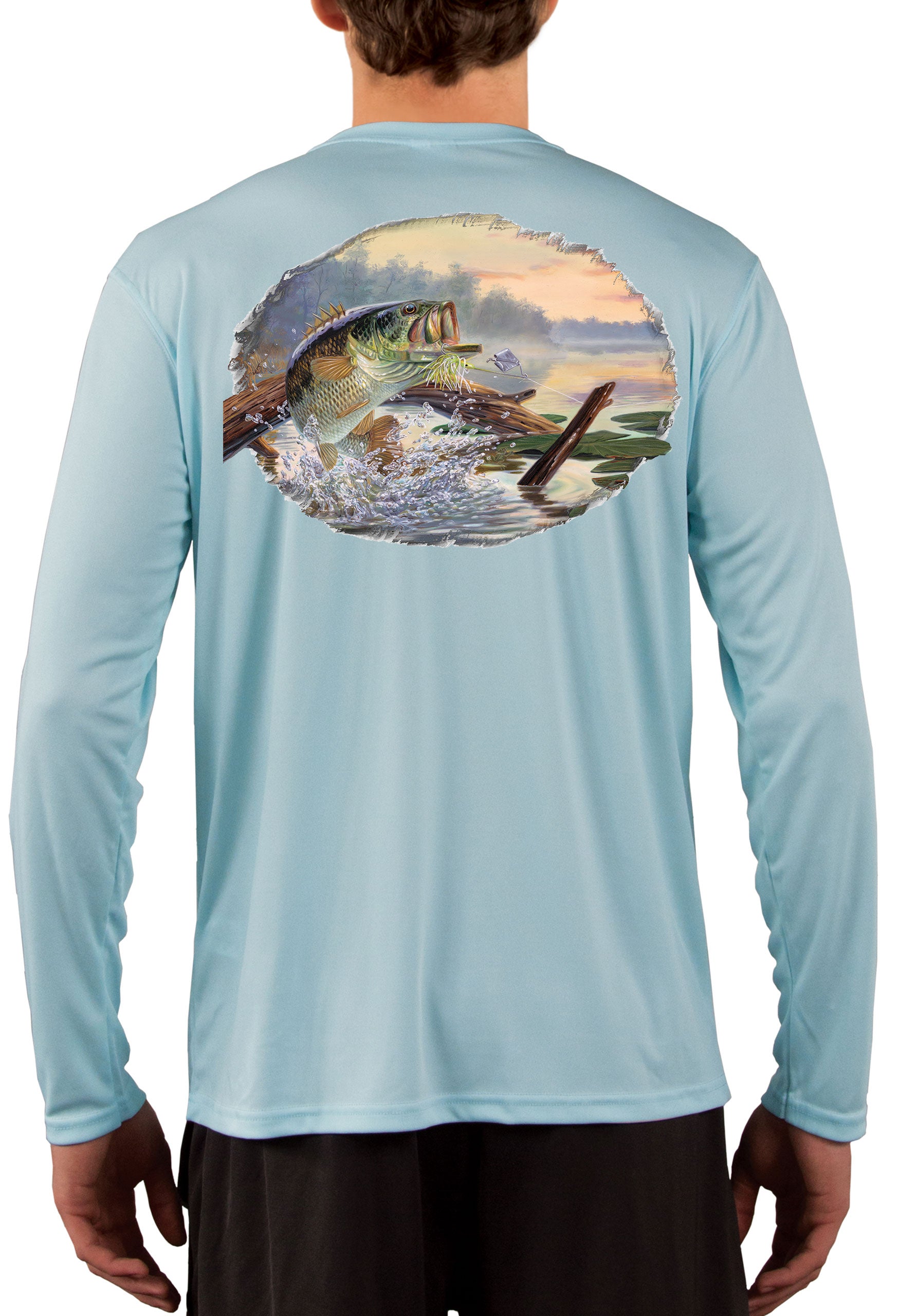 Large Mouth Bass Men's Fishing Shirts - Long Sleeve, Moisture Wicking, Non-fade Print, 50+ UPF Fabric UV Protection Ice Blue / Small