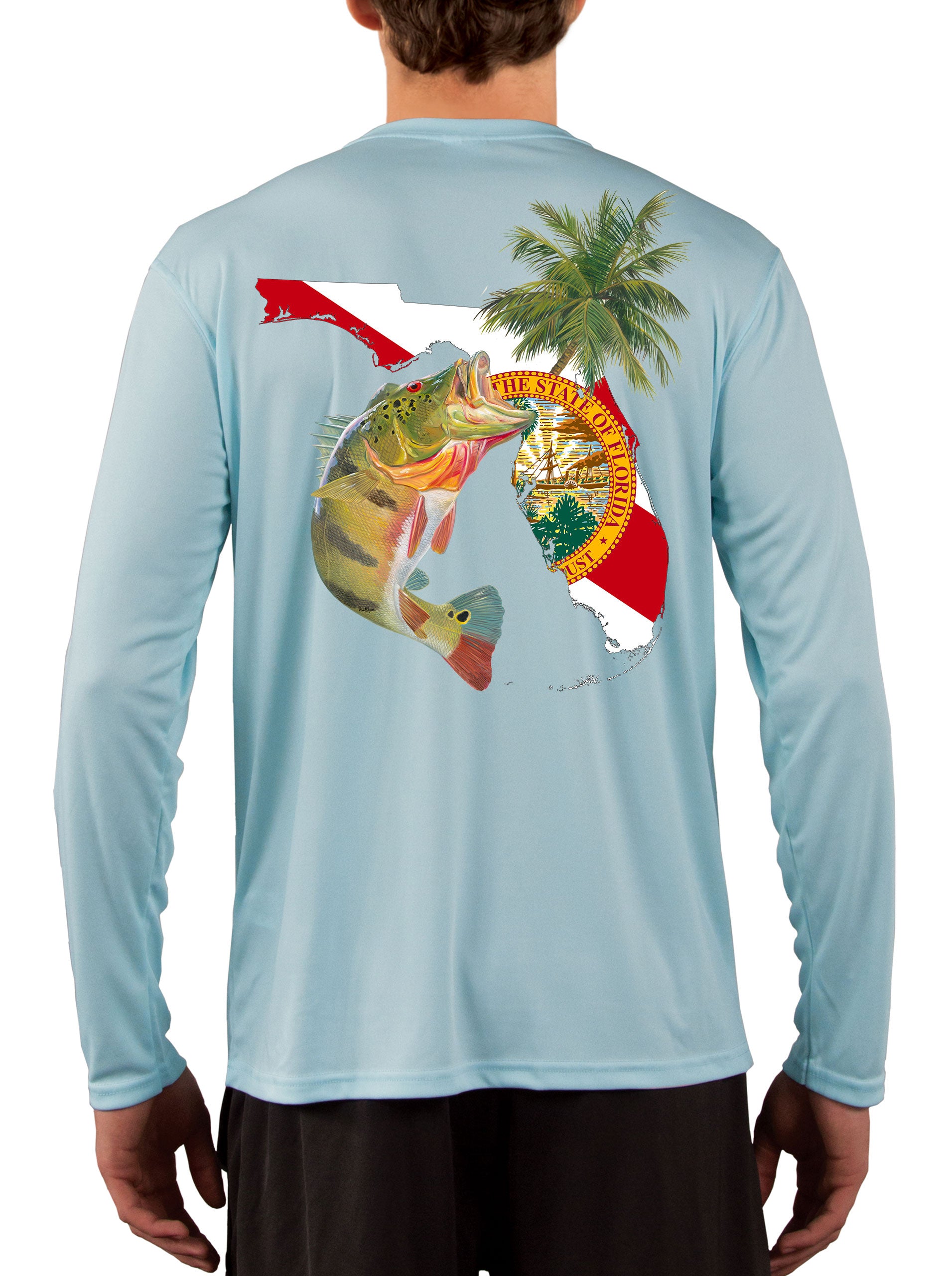 [New Artwork] Peacock Bass Florida Map Fishing Shirts for Men with Florida State Flag Sleeve Large / Ice Blue