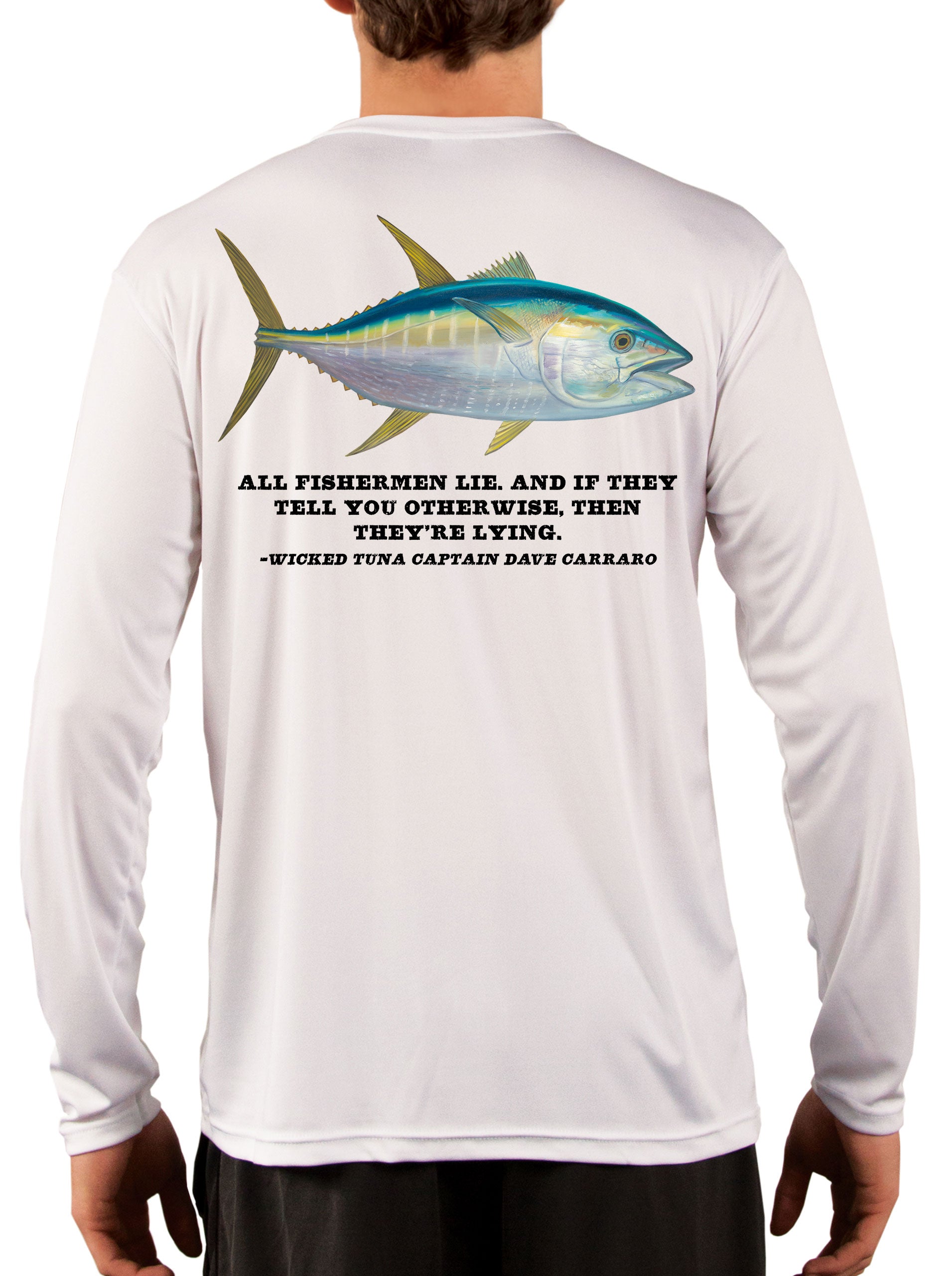 Tuna Talk Camisas de pesca para hombres de manga larga, absorbe la humedad,  50+ tela UPF protección UV Yellowfin Albacore Bluefin atún pescado agua