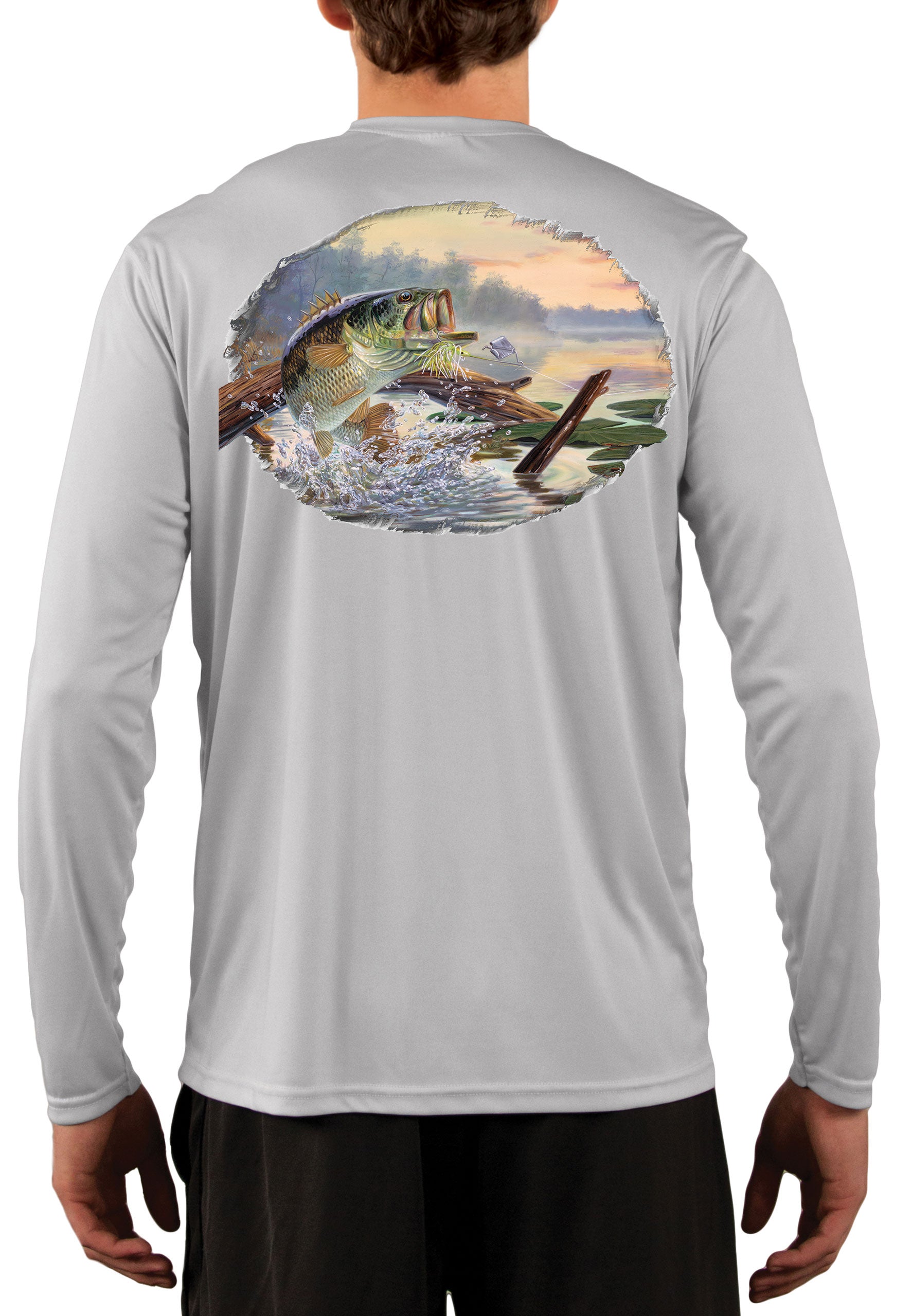 Large Mouth Bass Men's Fishing Shirts - Long Sleeve, Moisture Wicking, Non-fade Print, 50+ UPF Fabric UV Protection Pearl Gray / Small