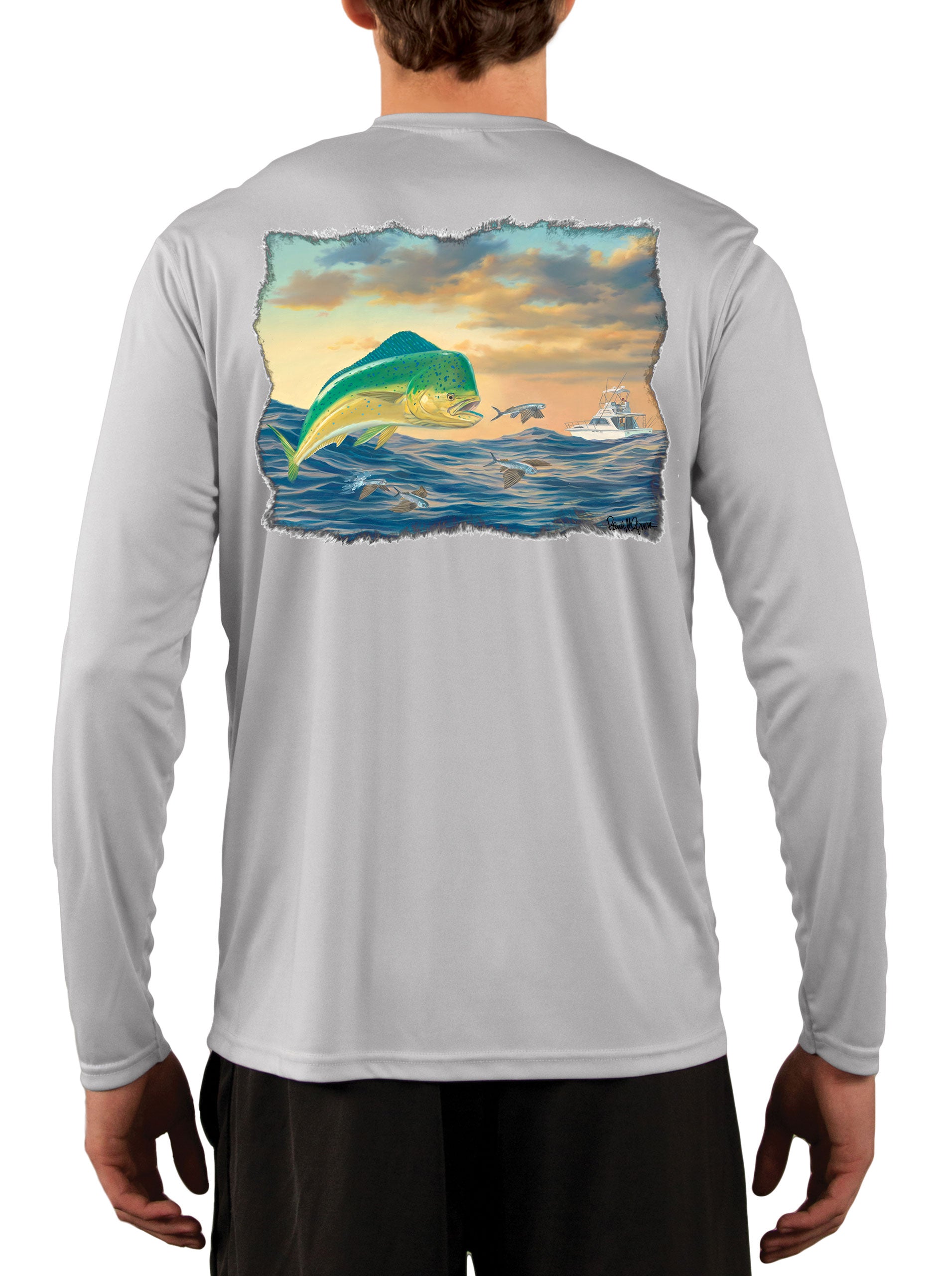 Mahi-mahi with Flying Fish Fishing Shirts for Men Featuring Dorado / Dolphinfish Art by Randy McGovern 3XL / Pearl Grey