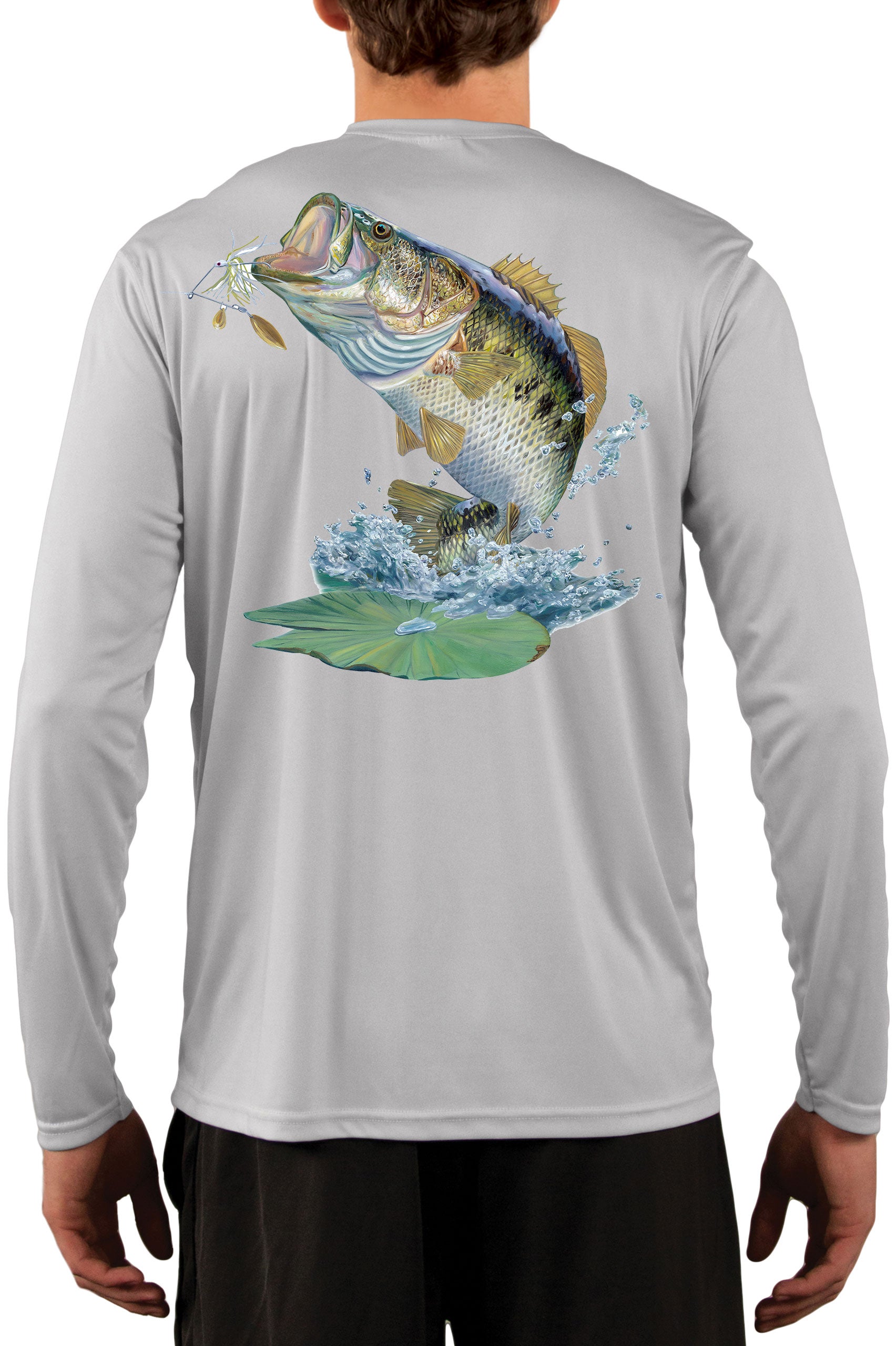 Large Mouth Bass Men's Fishing Shirt Rude Awakening Long Sleeve, Moisture Wicking Fabric, Non-fading Print, 50+ UPF Fabric for UV Protection Pearl