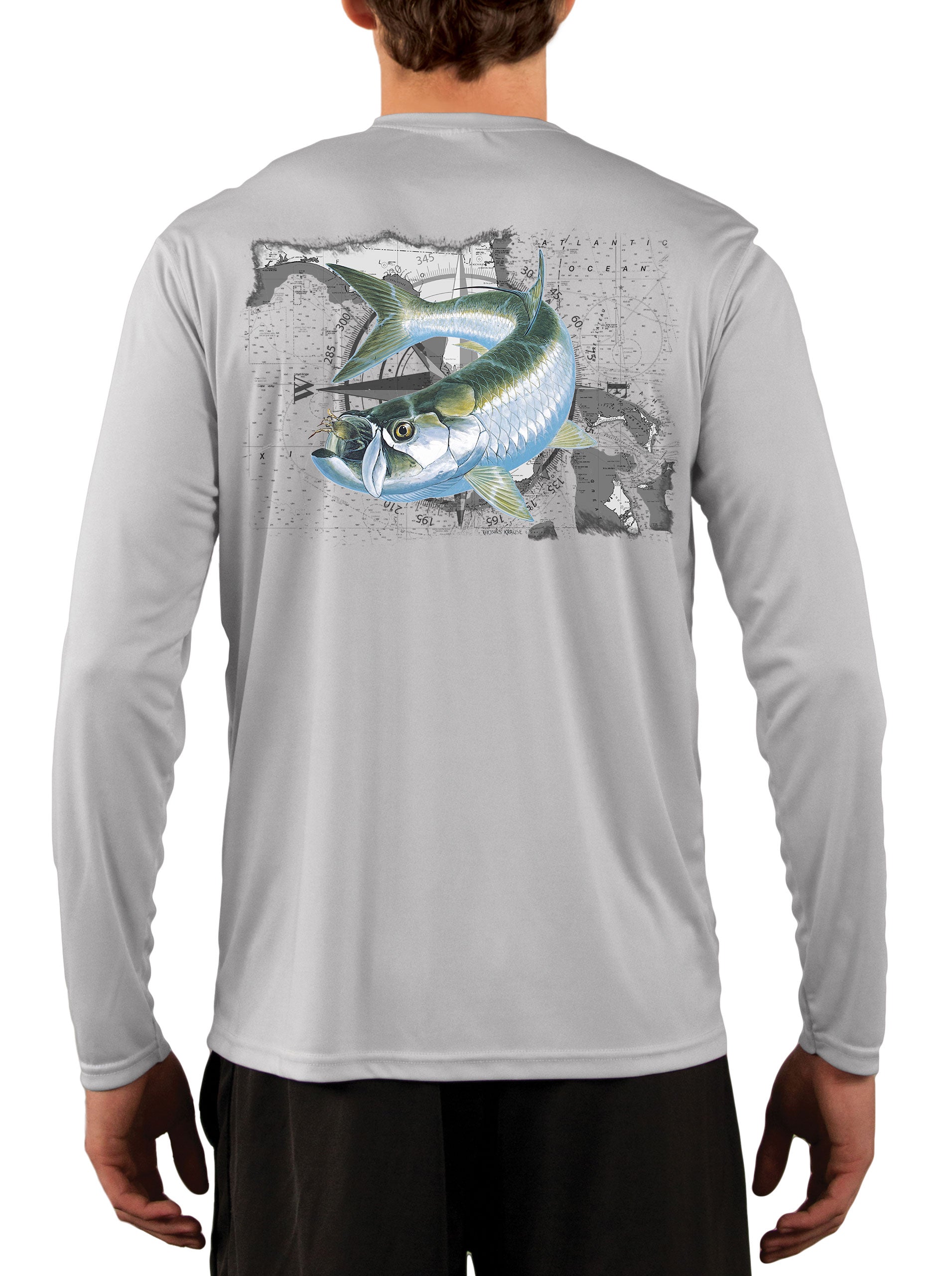 Tarpon Crab Compass Over Florida Map Long Sleeve Men's Fishing Shirt 3XL / Pearl Grey