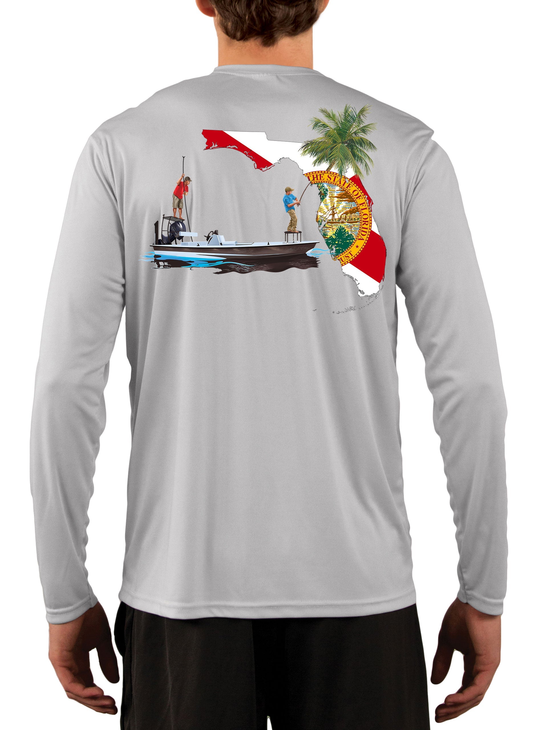 [New Artwork] Poling Skiff Florida State Flag Fishing Shirts for Men with Florida Flag Sleeve Yellow / Large