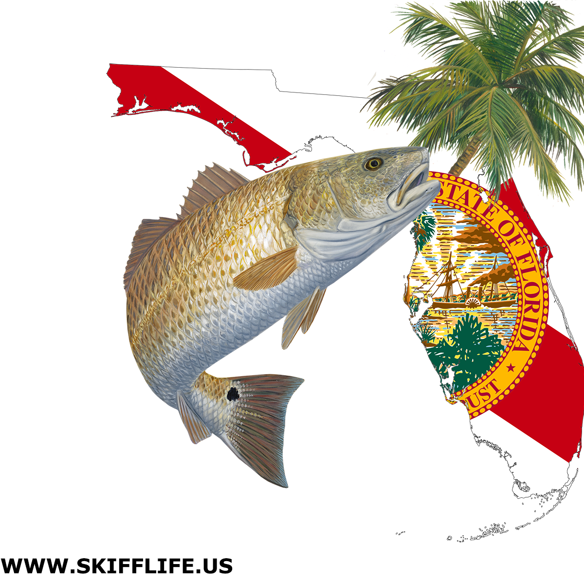 Redfish Florida Fishing Shirt with FL State Flag Sleeve - Skiff Life